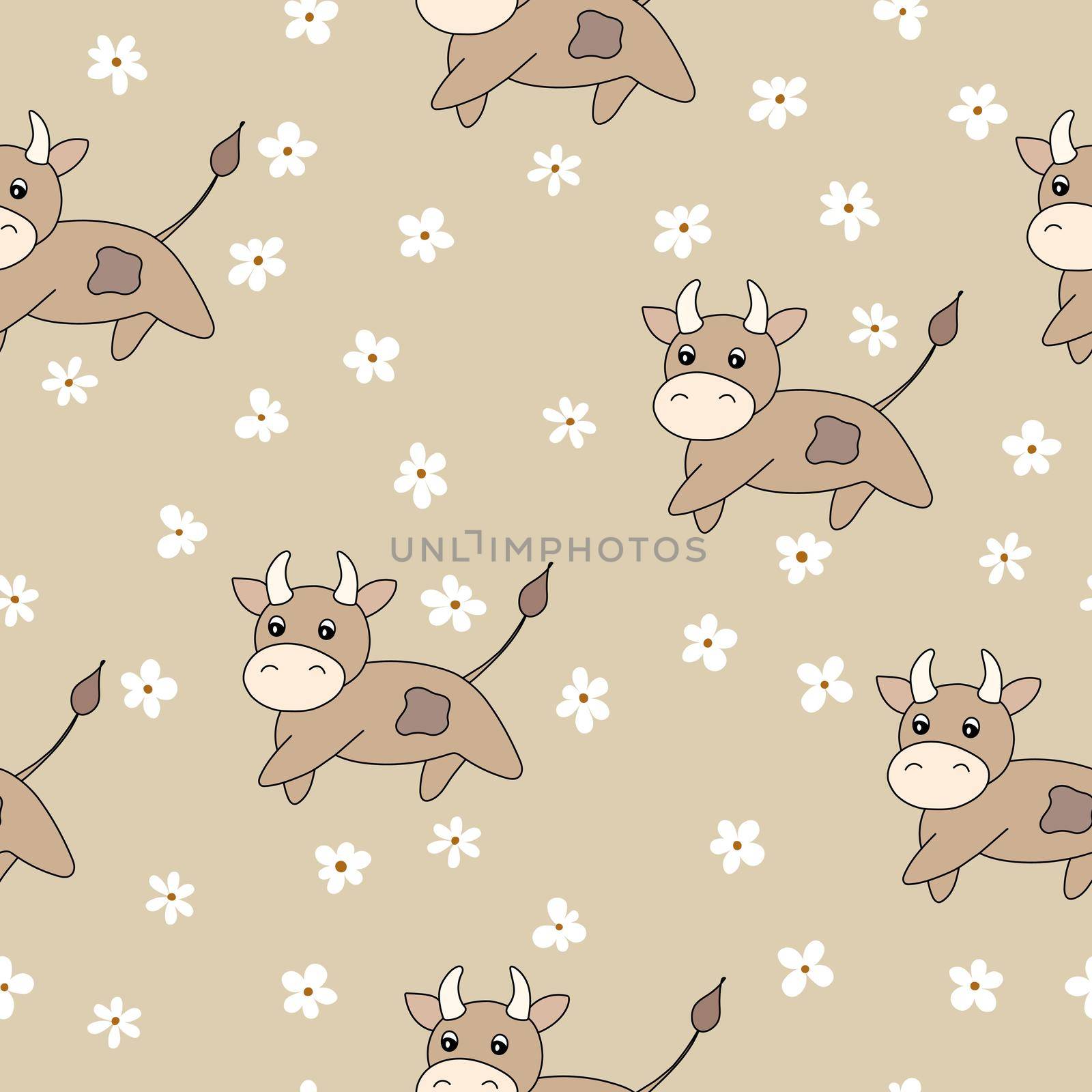 Vector flat animals colorful illustration for kids. Seamless pattern with cute bull and flowers on beige background. Cartoon adorable character. Design for textures, card, poster. Cute cow. by allaku