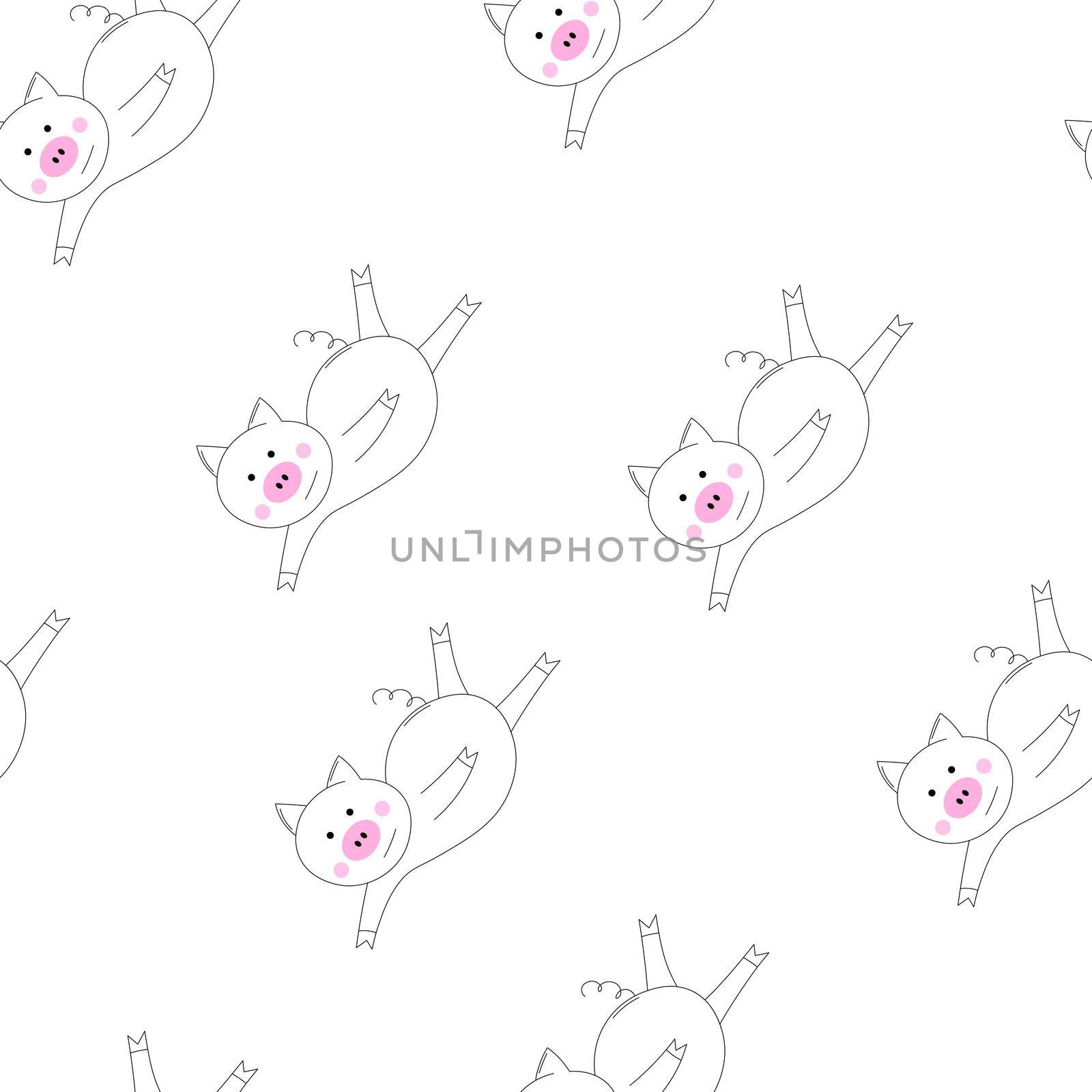 Outline vector animals seamless pattern. The piglet does exercises, goes in for sports. Cute pig on white background. Cartoon adorable character. Design for textures, card, poster, fabric, textile.