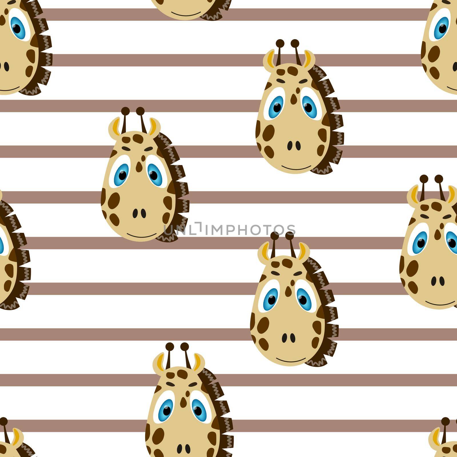 Vector flat animals colorful illustration for kids. Seamless pattern with cute giraffe face on white striped background. Adorable cartoon character. Design for card, poster, fabric, textile. by allaku