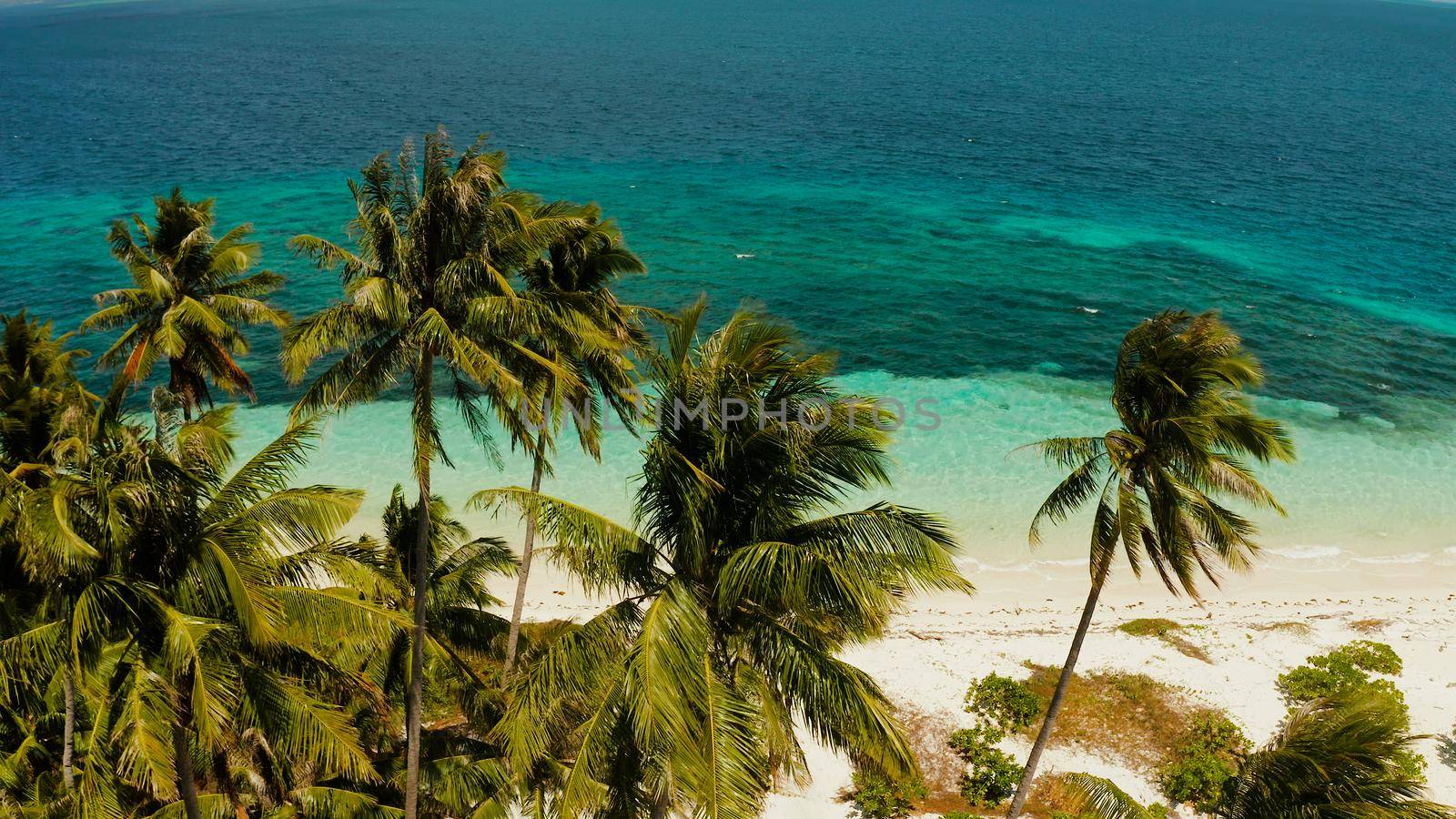 Aerial view of sandy beach on a tropical island with palm trees by coral reef atoll. Patongong Island with sandy beach. Summer and travel vacation concept.