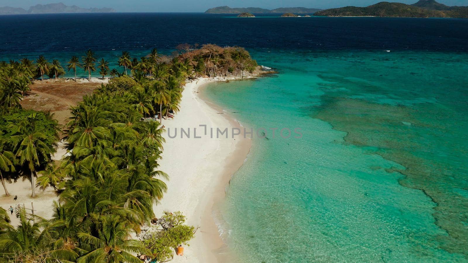 aerial view beach with tourists on tropical island, palm trees and clear blue water. Malcapuya, Philippines, Palawan. Tropical landscape with blue lagoon