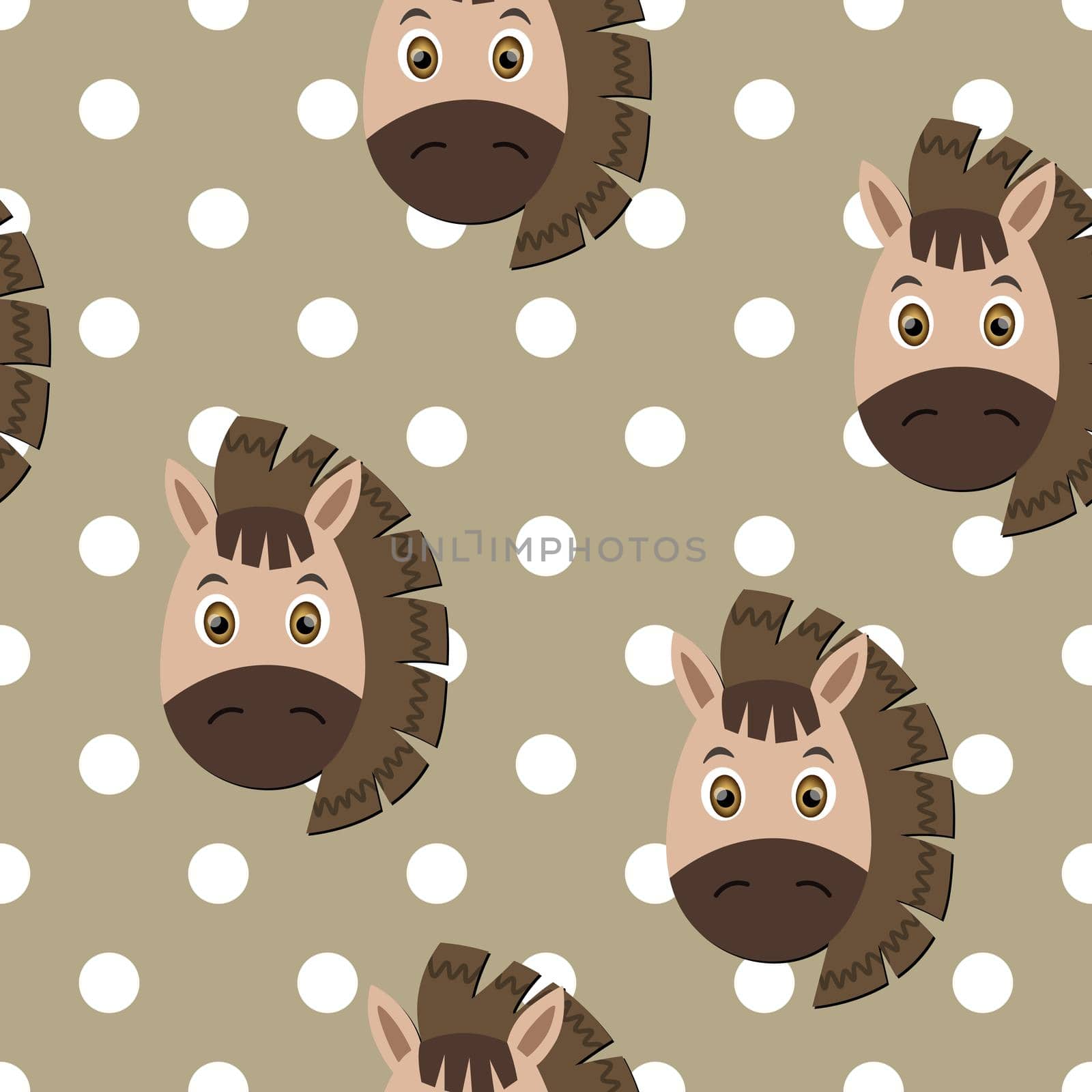 Vector flat animals colorful illustration for kids. Seamless pattern with cute horse face on beige polka dots background. Adorable cartoon character. Design for textures, card, poster, fabric,textile. by allaku