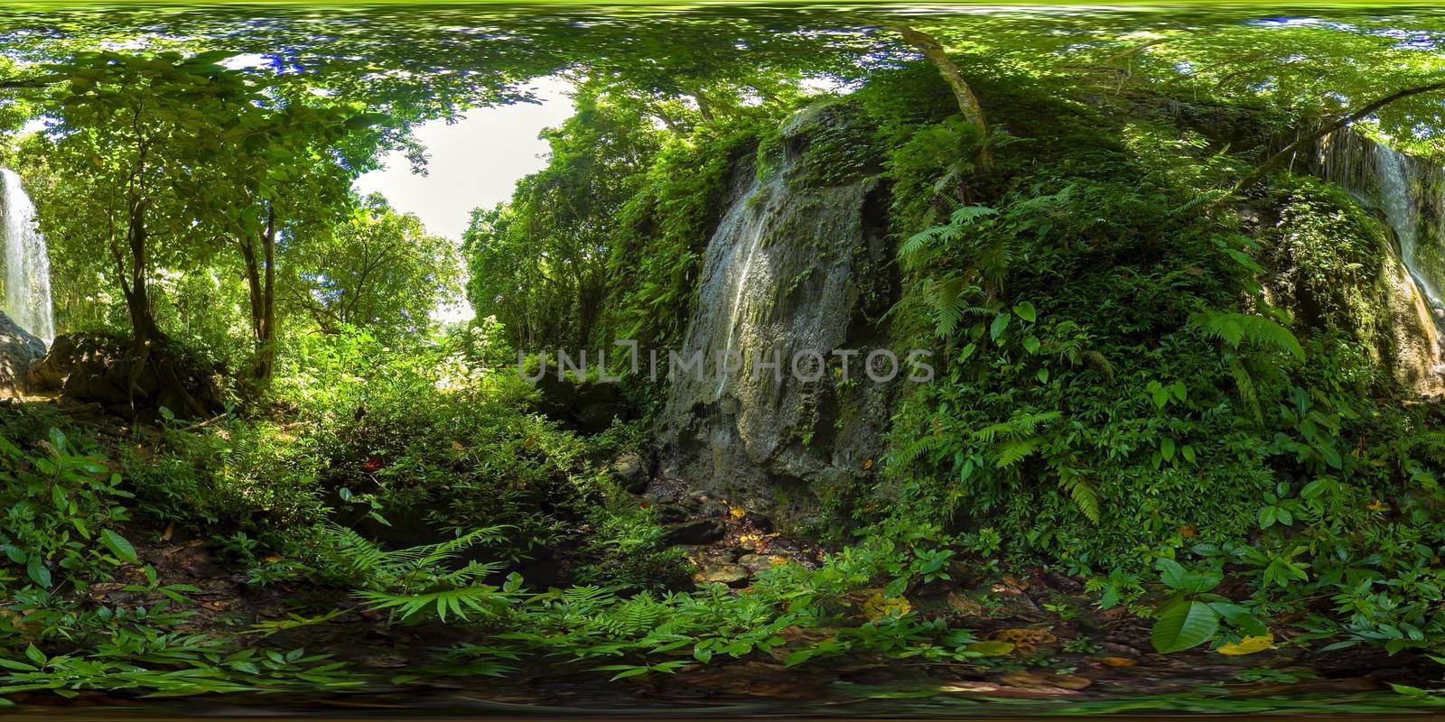 Waterfall in the green forest. Kawasan falls in the jungle, island of Bohol, Philippines. 360 panorama VR.