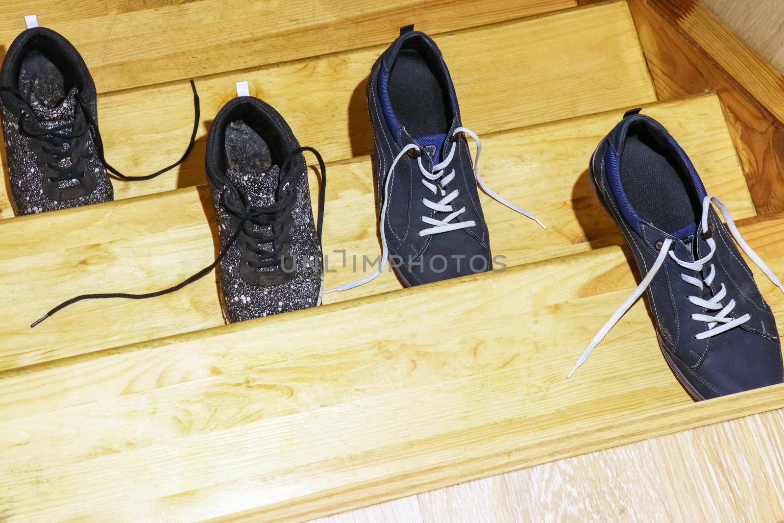 shoes scattered on the wooden steps as backgrounds. High quality photo