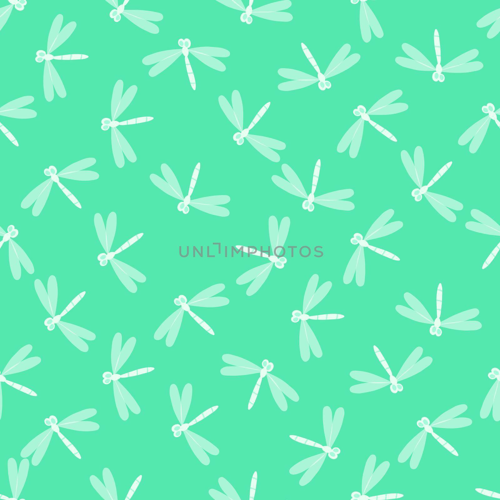 Seamless pattern with dragonfly on color background. Romantic vector illustration. Adorable cartoon character. Template design for invitation, cards, textile, fabric. Doodle style. by allaku