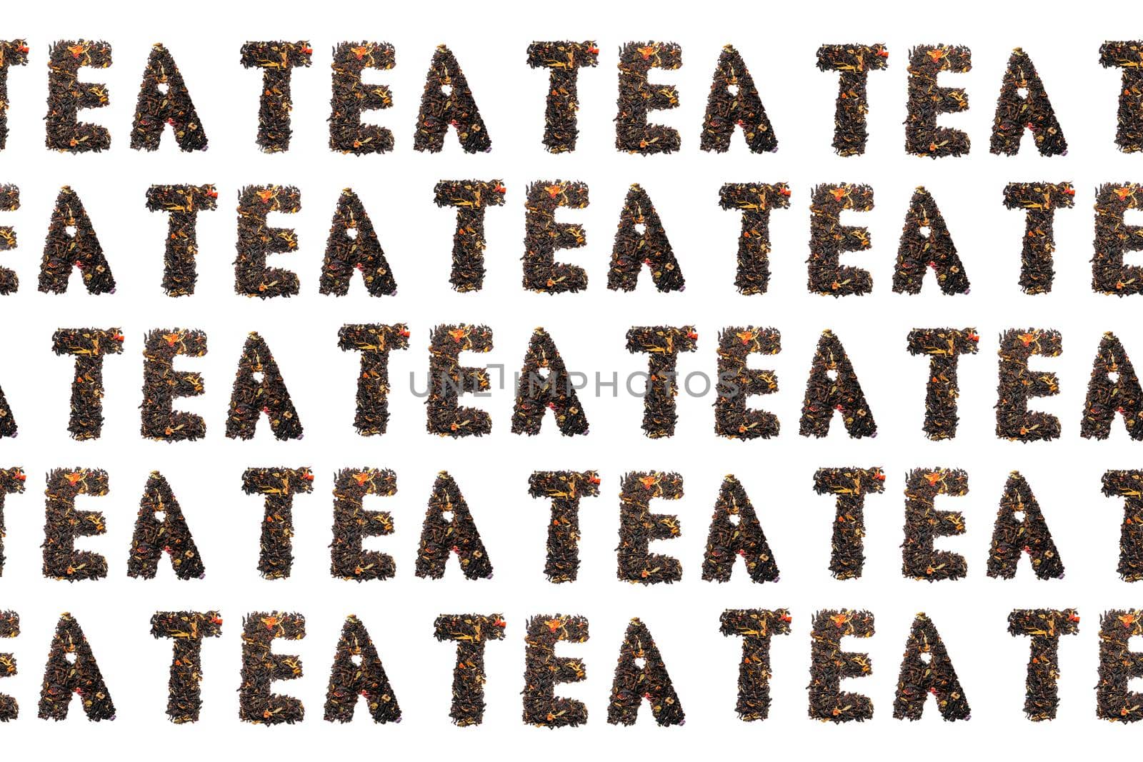 colorful pattern of words from tea on a black background top view. High quality photo