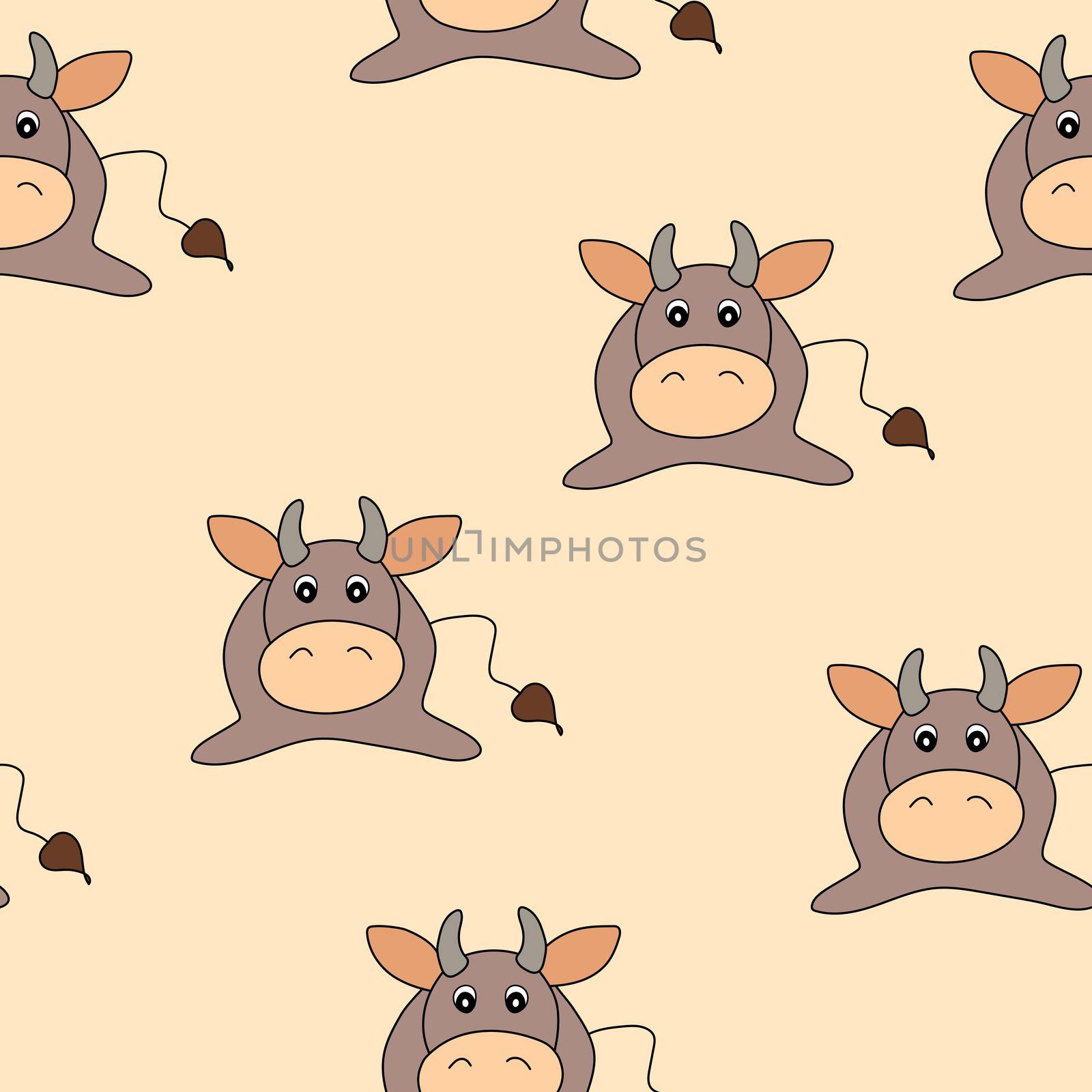 Vector flat animals colorful illustration for kids. Seamless pattern with cute bull on beige background. Cartoon adorable character. Design for textures, card, poster, fabric, textile. Cute cow. by allaku