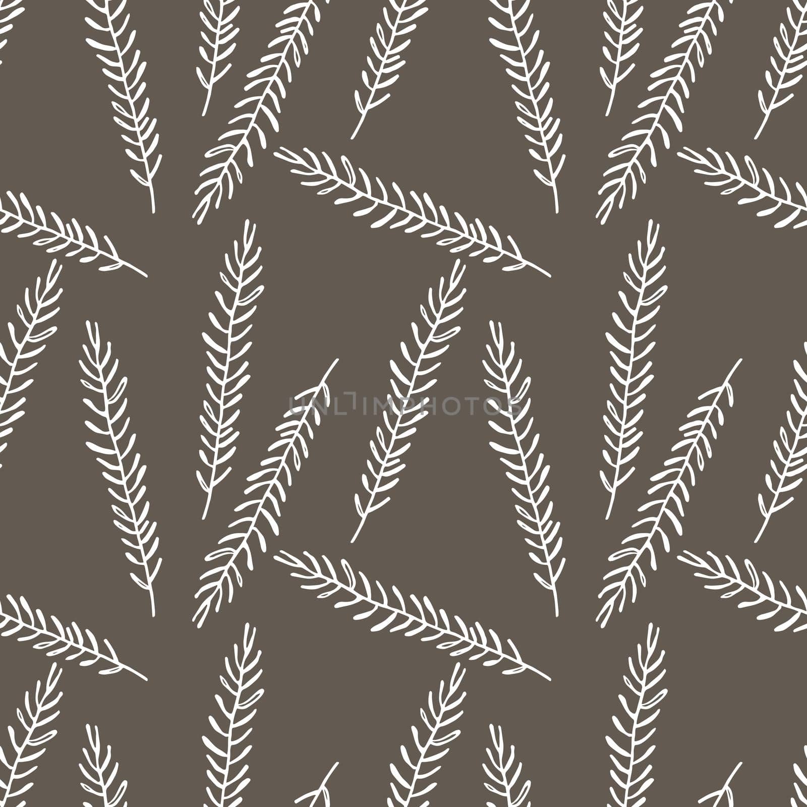 Floral seamless pattern with branches on brown background. Ornament with tropic leaves. Vector illustration for fabric, textile, wallpaper, posters, paper. Fashion print. Doodle style.