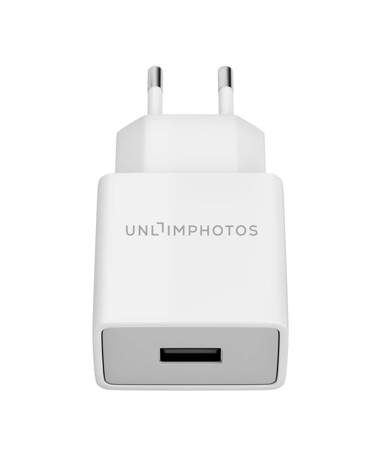 Smartphone power adapter with USB port isolated on white background