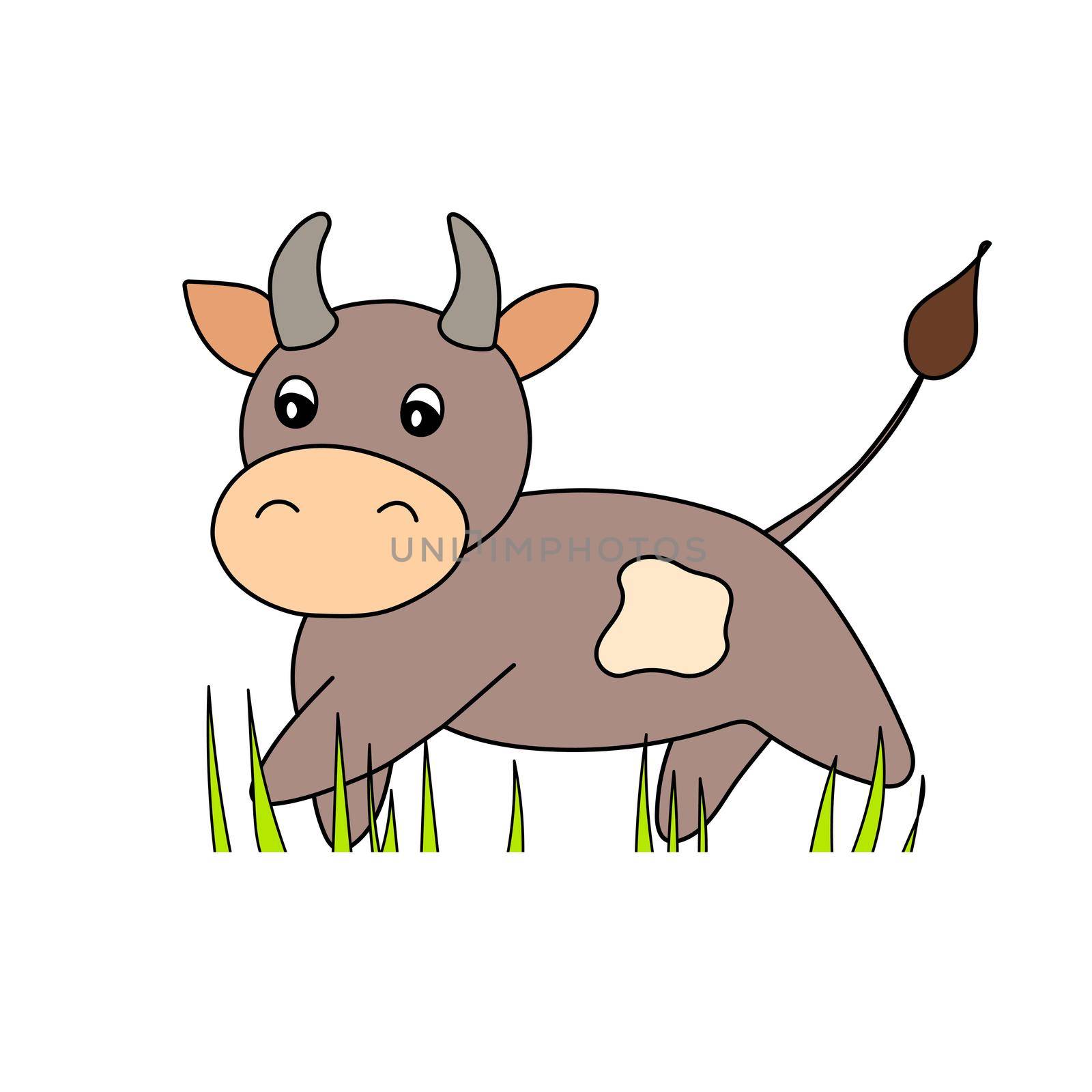 Colorful bull for kids. Vector animal illustration. Template adorable character for your design. Cartoon cute cow. New Year and Christmas symbol 2021. Isolated icon. by allaku