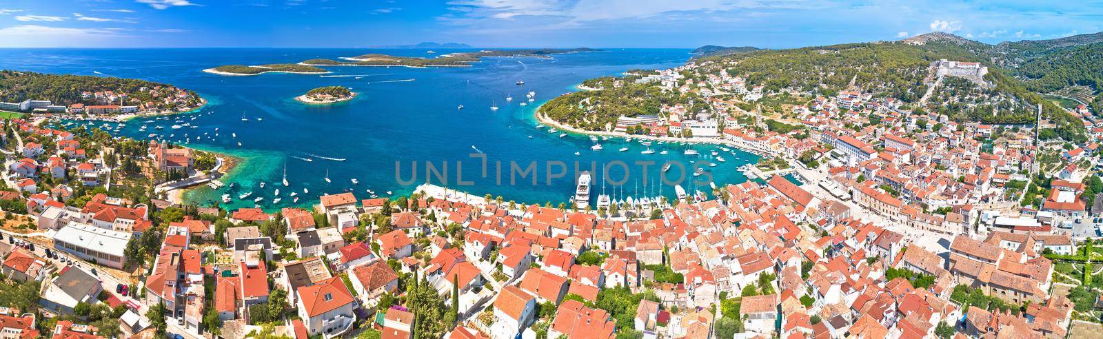 Town of Hvar aerial panoramic view, Dalmatia archipelago of Croatia