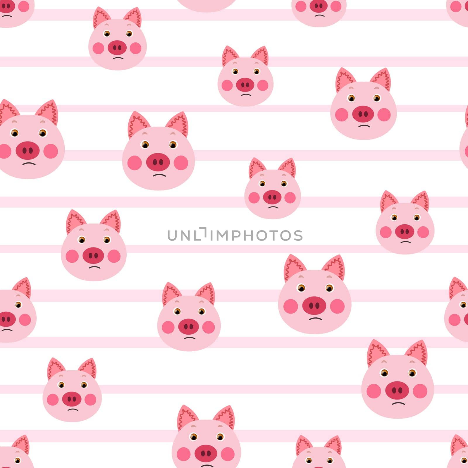 Vector flat animals colorful illustration for kids. Seamless pattern with cute pig face on white striped background. Adorable cartoon character. Design for textures, card, poster, fabric, textile. by allaku