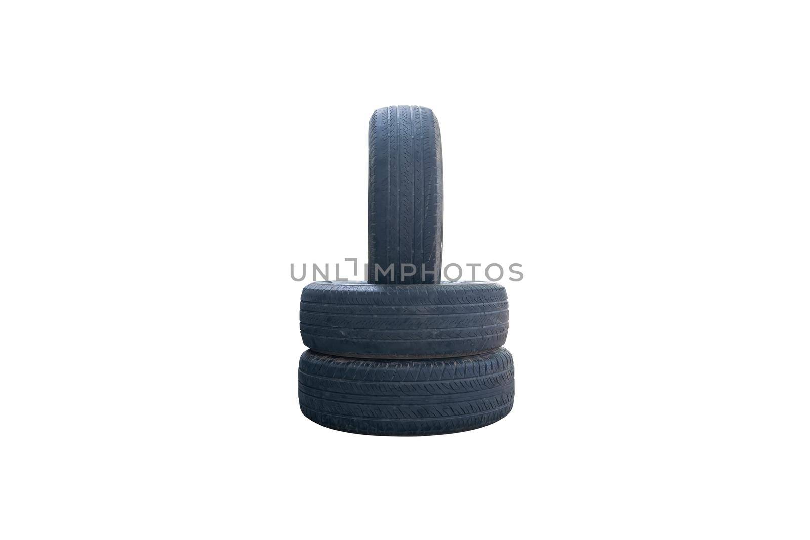 Pile of old car tires isolated on white background, with clipping path.
