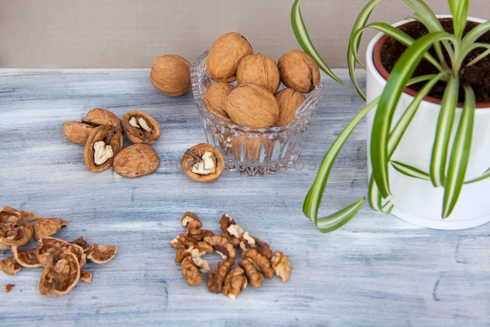 Walnuts on a painted background. Crystal bowl with nuts. Useful products. Walnuts.