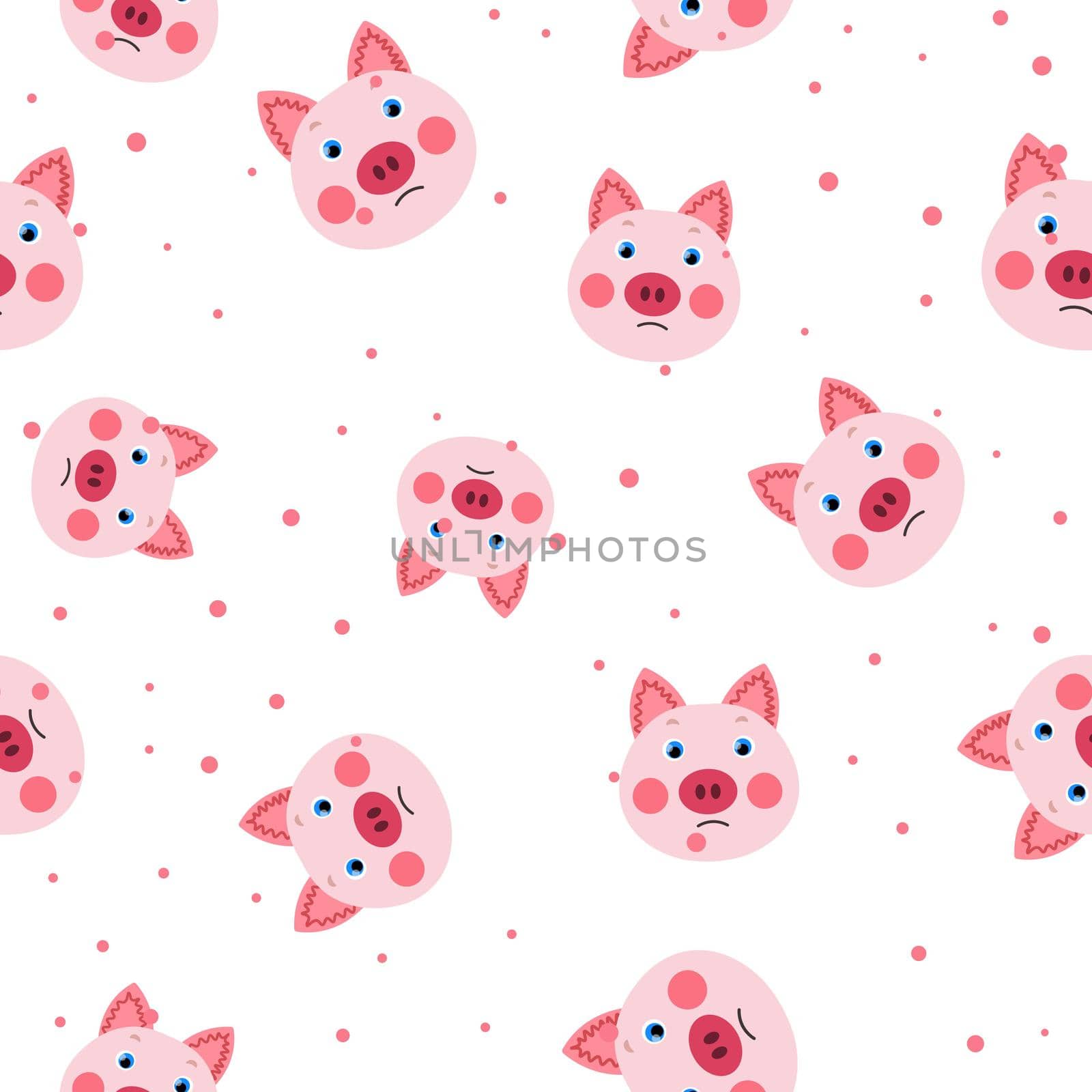 Vector flat animals colorful illustration for kids. Seamless pattern with cute pink pig face on white polka dots background. Adorable cartoon character. Design for textures, card, poster, fabric, textile. by allaku