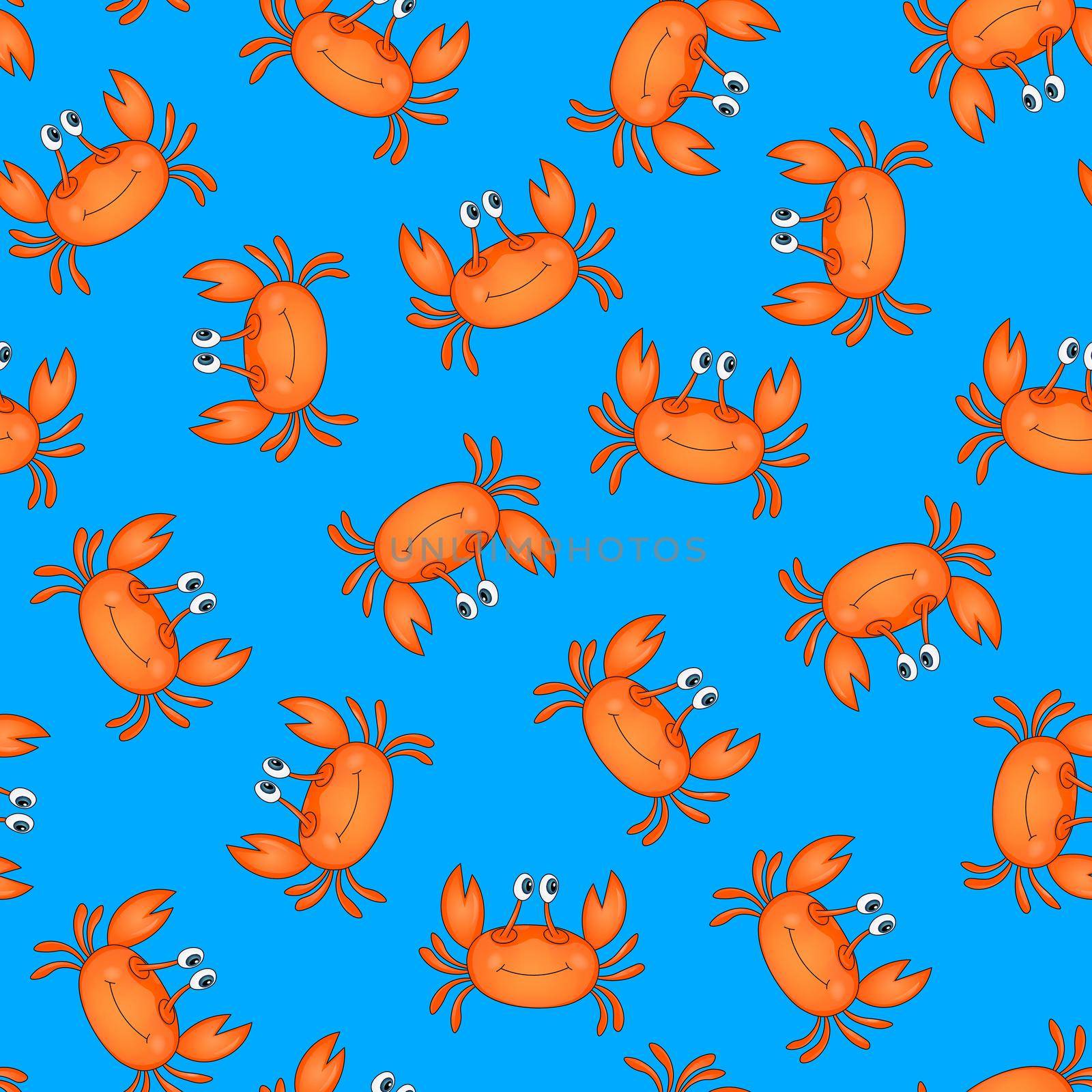 Seamless pattern with cute orange crab on blue background. Vector animals colorful illustration. Adorable character for cards, wallpaper, textile, fabric, kindergarten. Cartoon style.