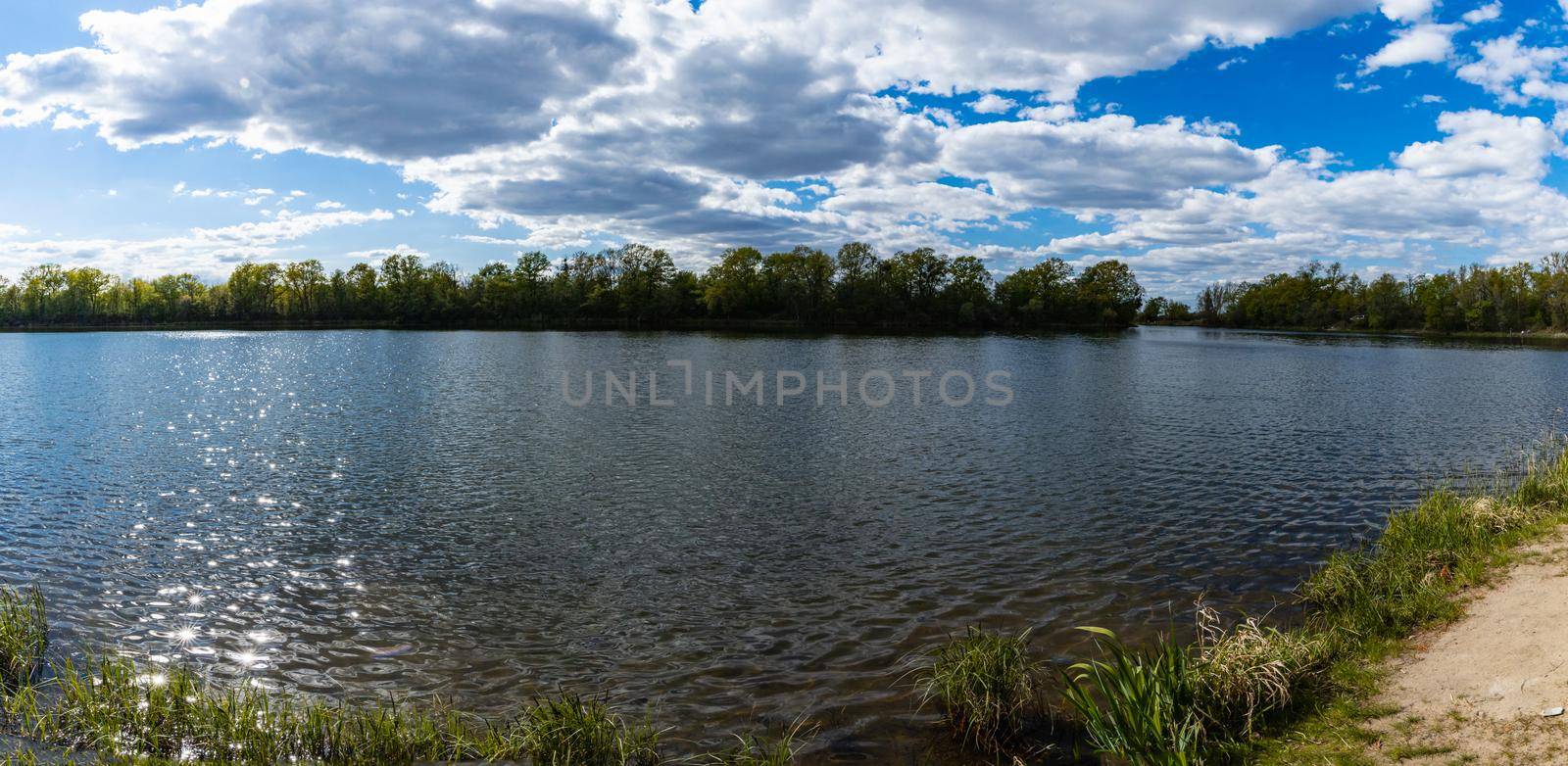 Panoramic view of big Bajkal lake with small peninsula on it