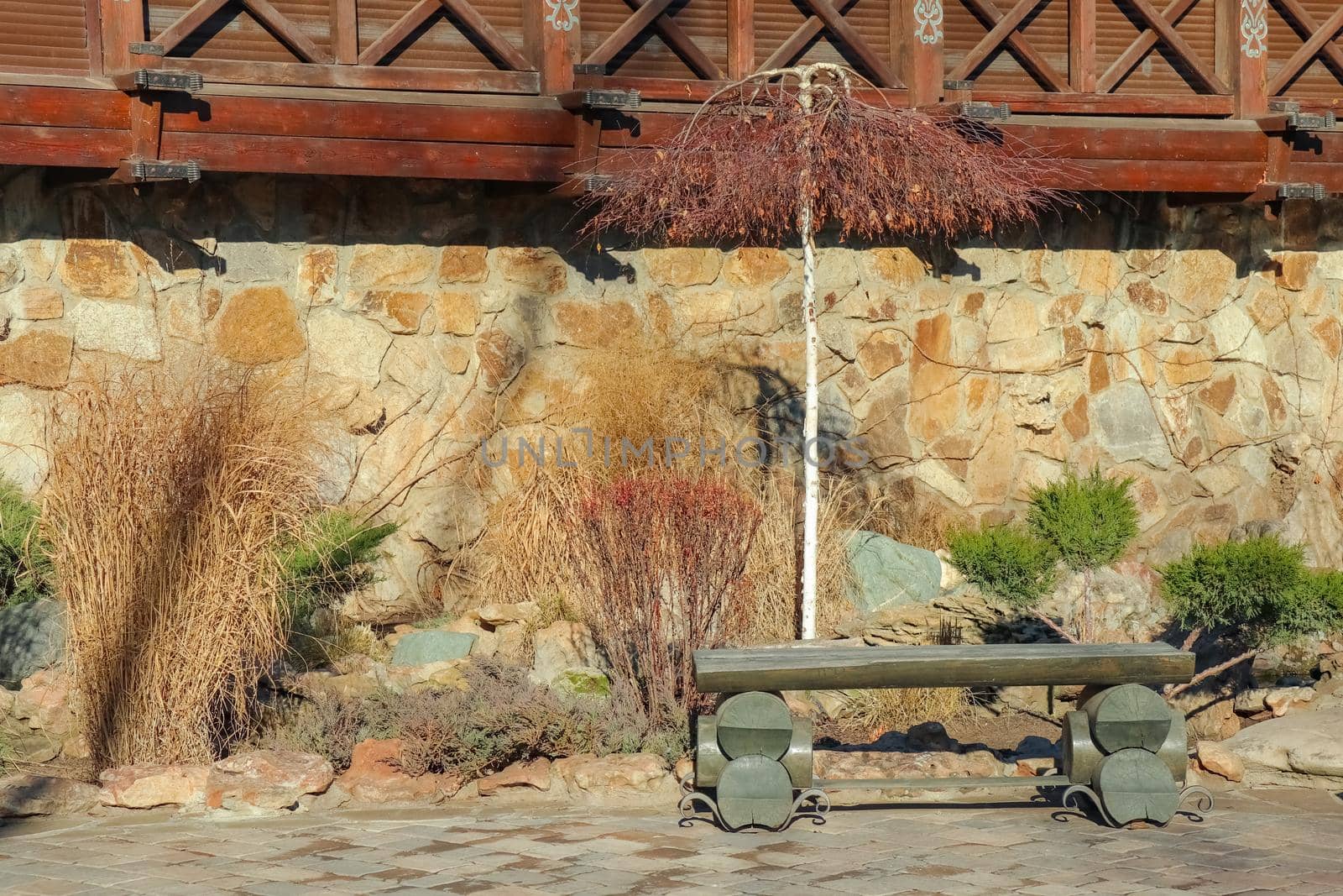 bench made of wooden logs as background. High quality photo