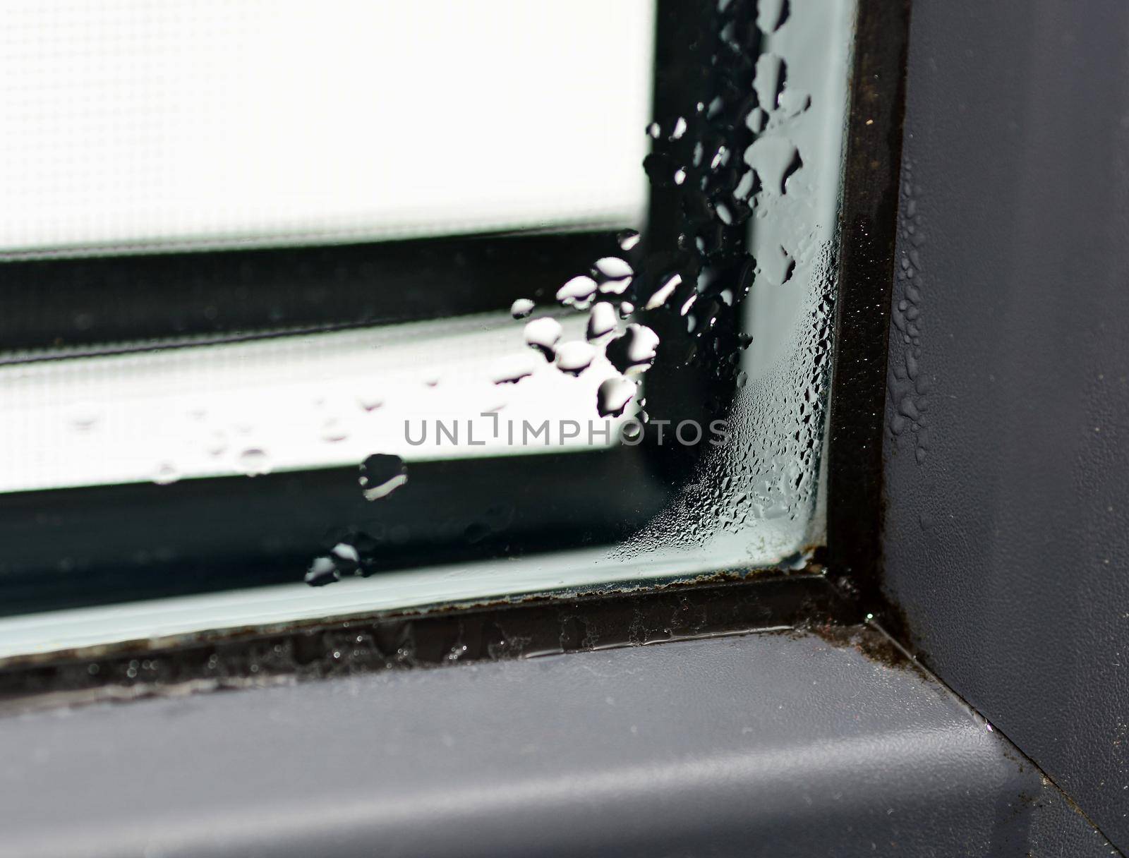 Closeup of the winter condensation on the inside of a window, insulation failure. A window glass covered with condensation drops.