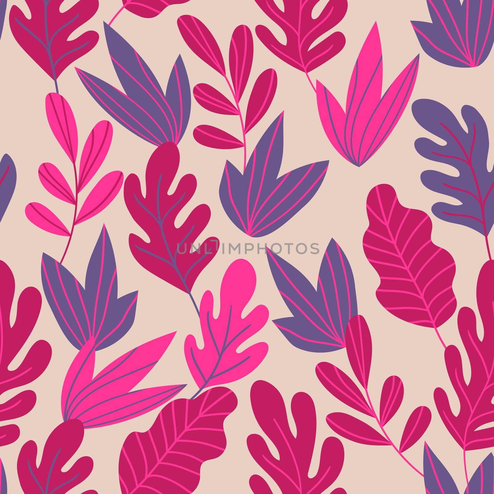 Floral seamless pattern with colorful exotic leaves on light background. Tropic branches. Fashion vector stock illustration for wallpaper, poster, card, fabric, textile. by allaku