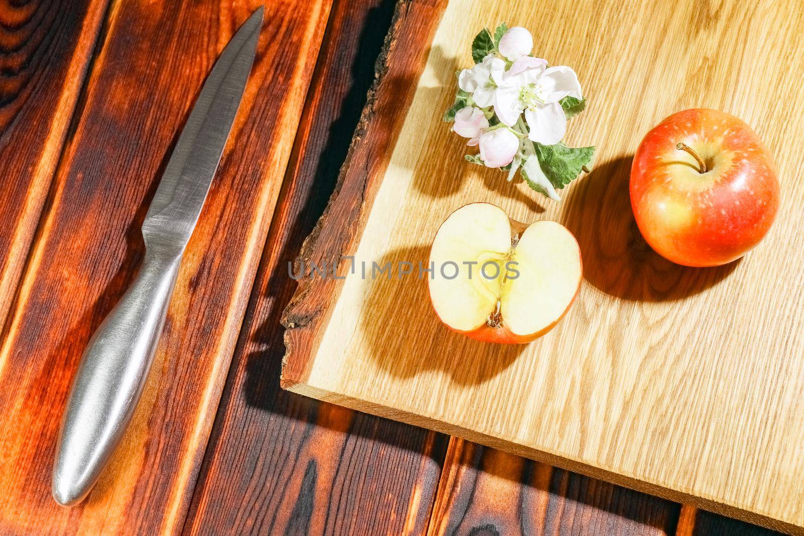 Apple on the chopping Board as background. High quality photo