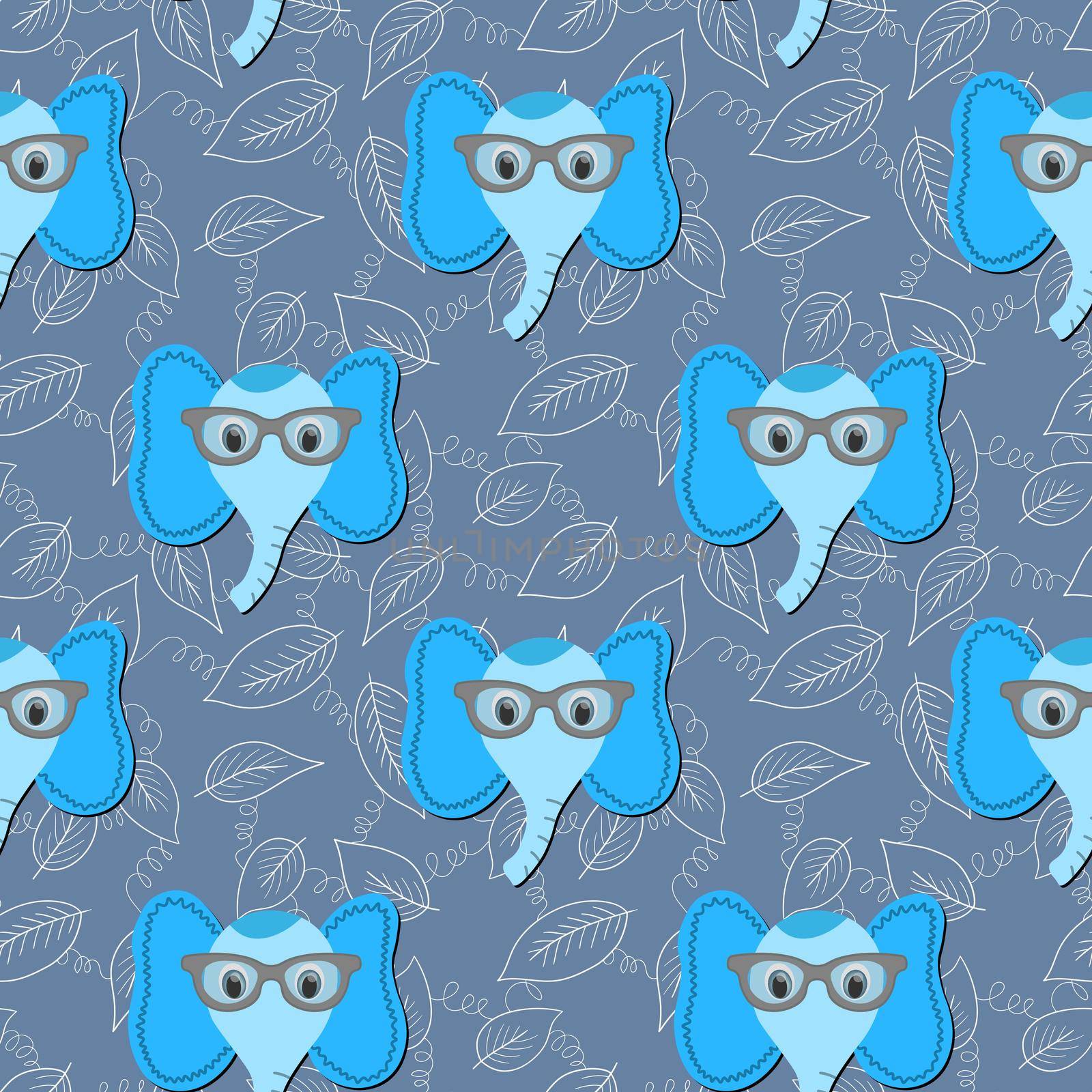 Seamless pattern with cute blue elephant face in sunglasses on floral background. Vector flat animals colorful illustration for kids. Adorable cartoon character. Design for card, fabric, textile. by allaku