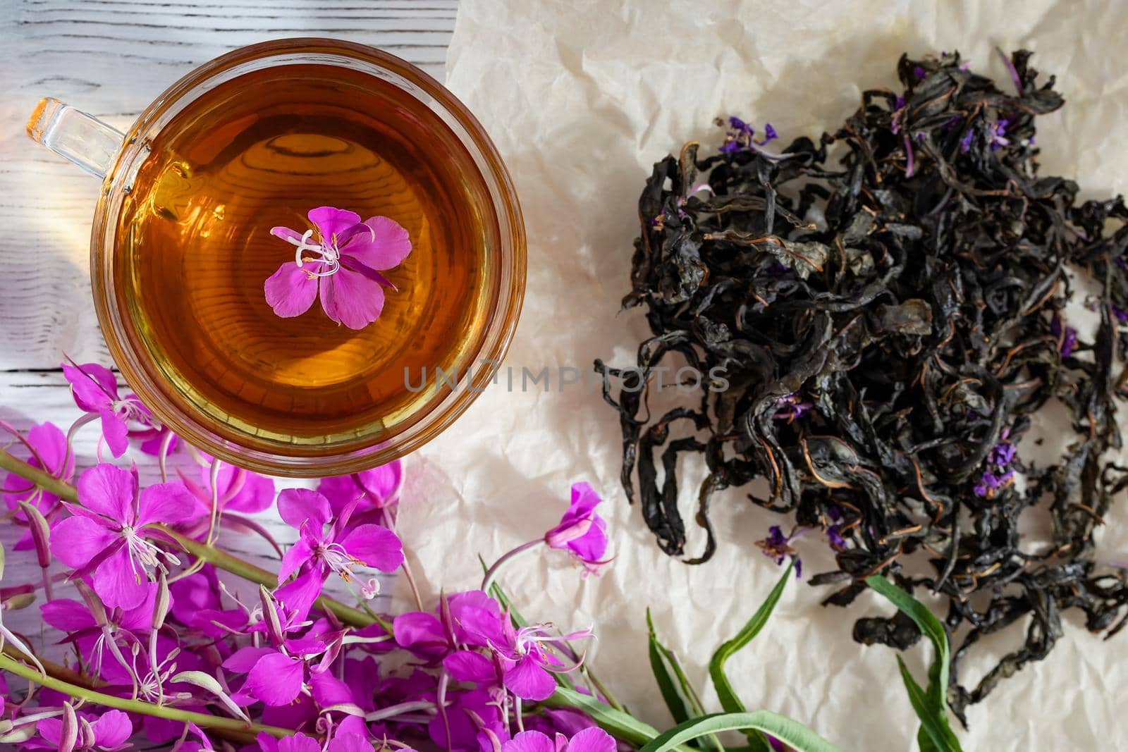 Herbal tea made from fireweed known as blooming sally in cup, top view by galsand