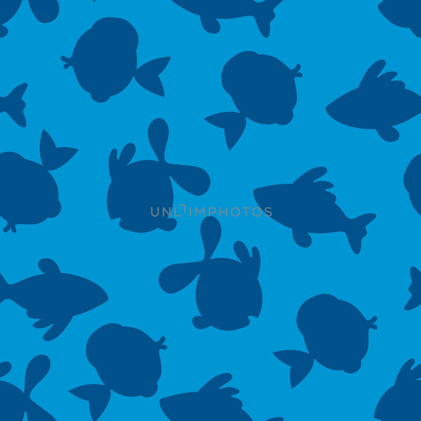 Seamless pattern with cute fish silhouette on blue background. Vector cartoon animals illustration. Adorable character for cards, wallpaper, textile, fabric. Doodle style.