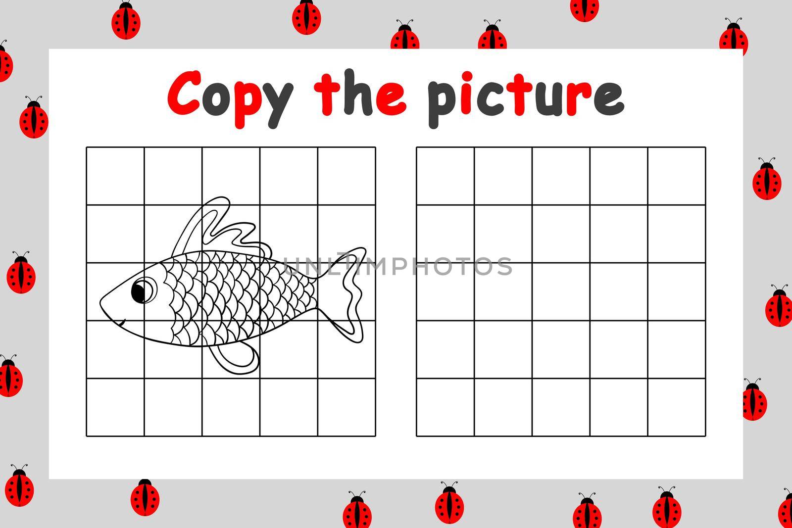 Copy the picture. Educational game for children. Cute fish. Drawing activity for kids. Colorful cartoon vector illustration.