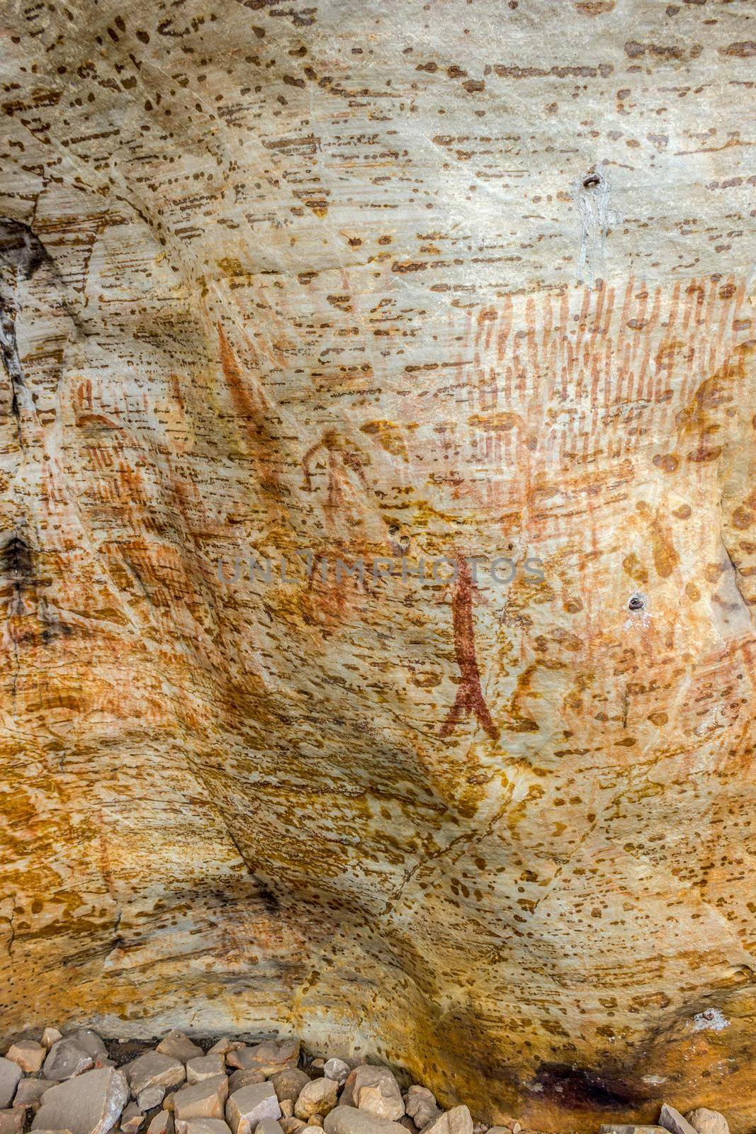 Ancient Aboriginal Art: hand prints, animal herds, spiral in a cave, grampians National park, australia