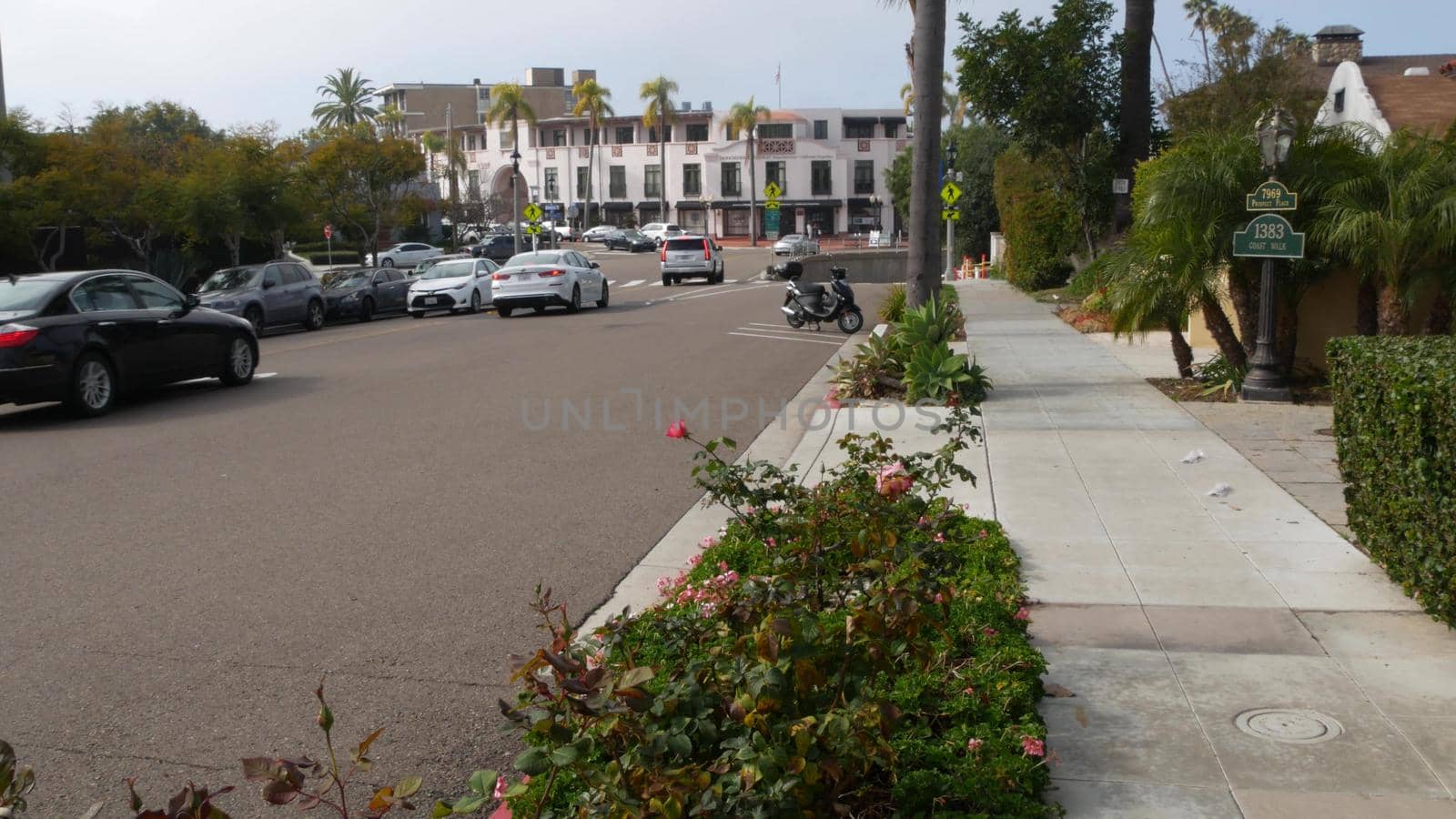 La Jolla, San Diego, CA USA -24 JAN 2020: Cars and buildings, downtown city street of californian coastal tourist resort. Cityscape with traffic, american travel destination for holidays and weekend by DogoraSun