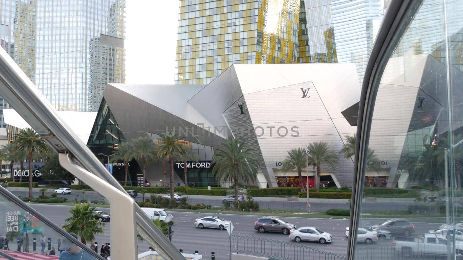 LAS VEGAS, NEVADA USA - 5 MAR 2020: Futuristic CityCenter casino complex in sin city downtown. Modern luxury hotels, unincorporated urban skyline on Harmon ave. Contemporary metropolis skyscrapers.