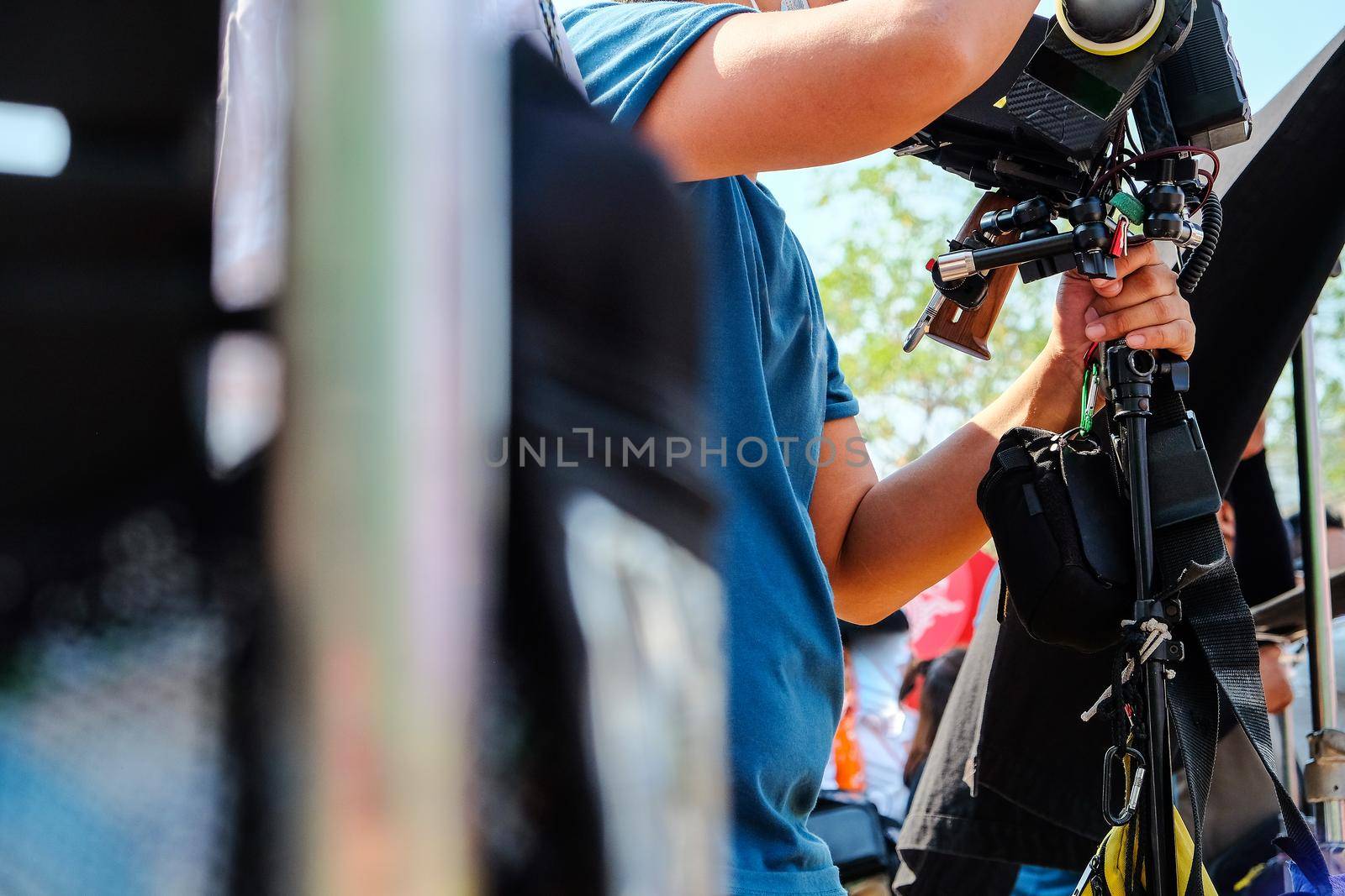 Film industry. Image of professional camera and equipment background