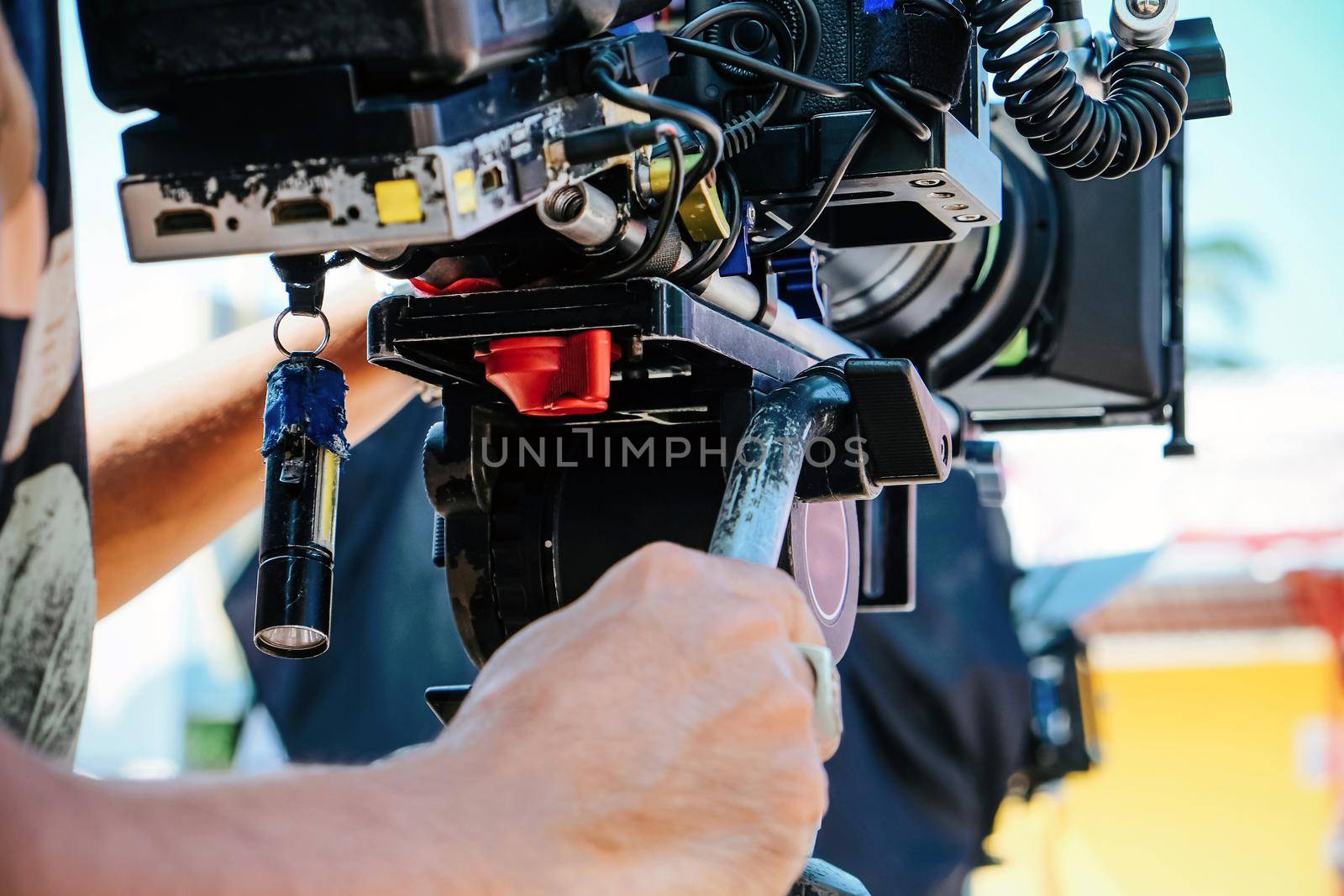 Film industry. Image of professional camera and equipment background