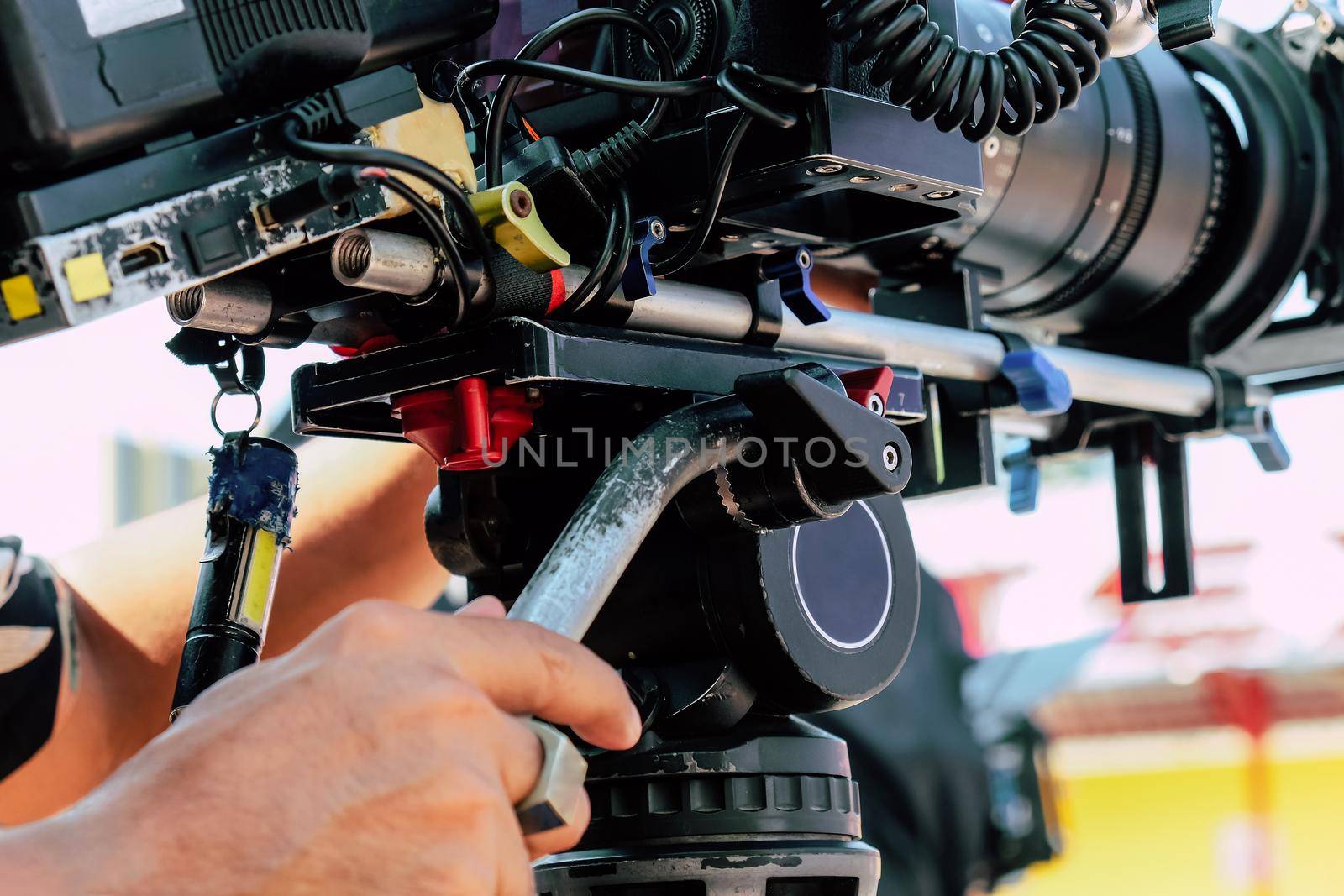 Film industry. Image of professional camera and equipment background