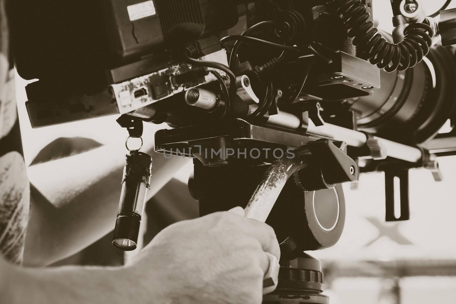 Film industry. Image of professional camera and equipment background