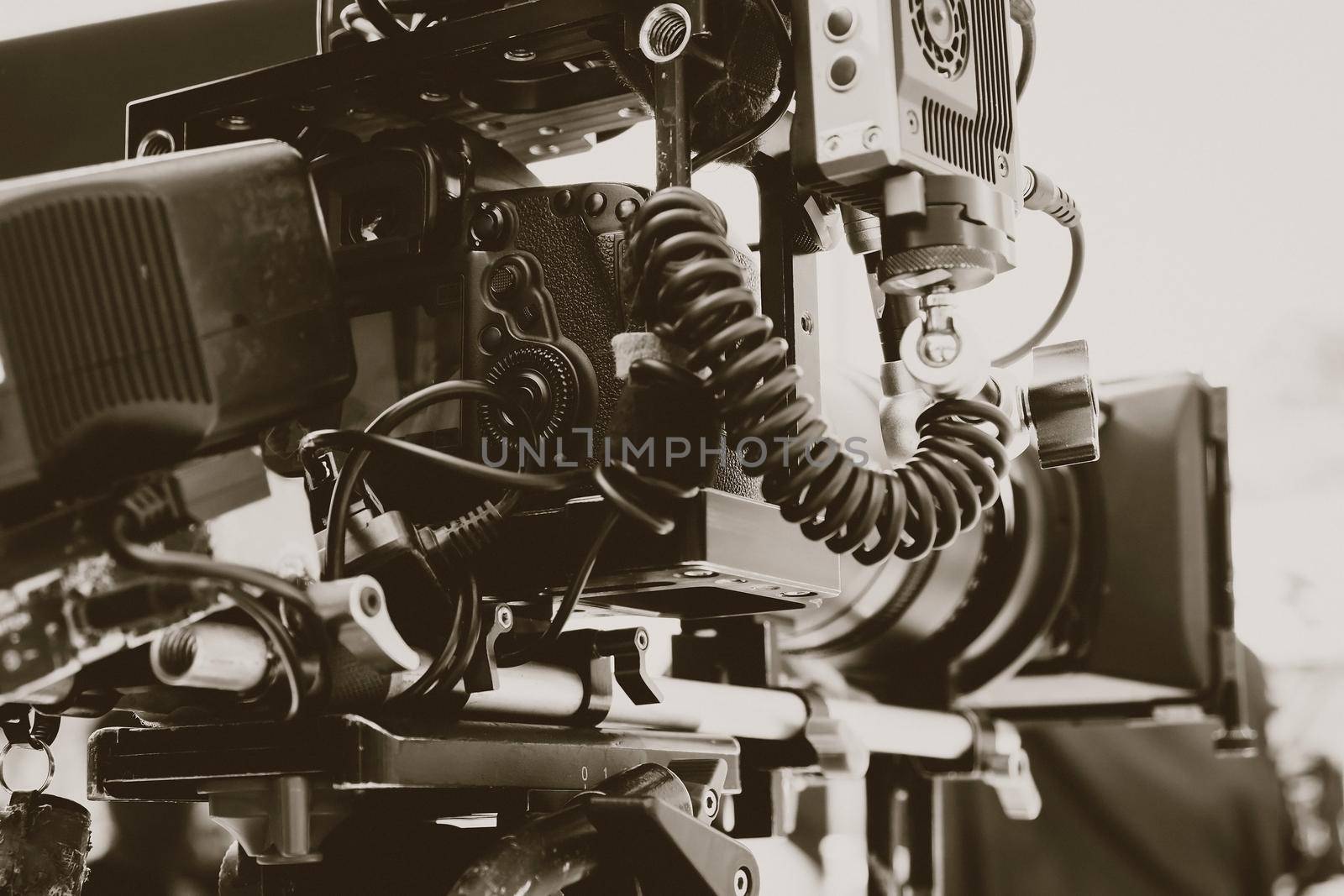 Film industry. Image of professional camera and equipment background