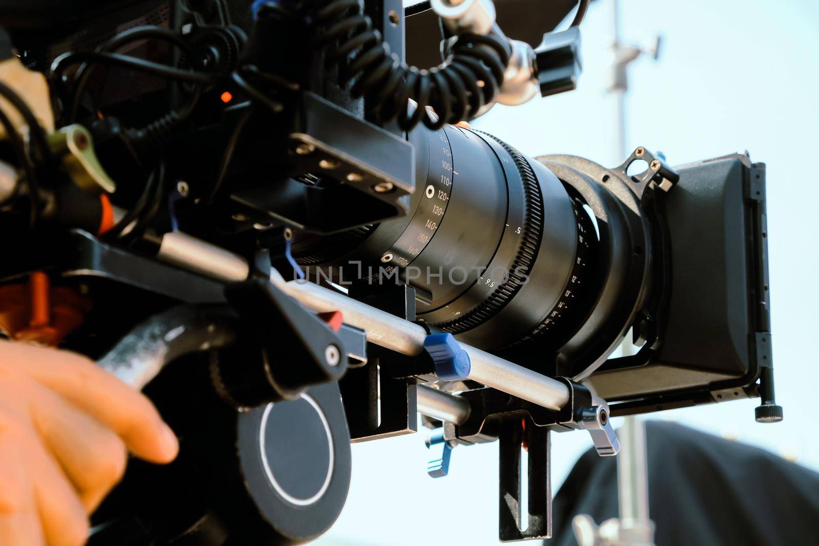Film industry. Image of professional camera and equipment background