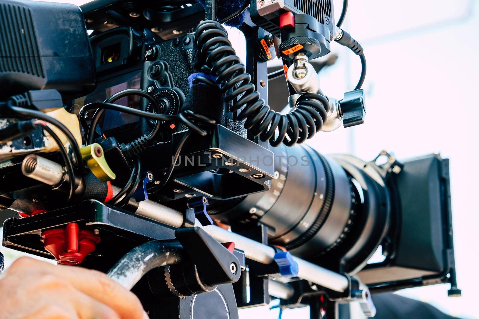 Film industry. Image of professional camera and equipment background