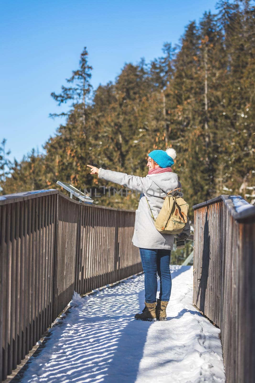 Hiking on Gaisberg: Young girl is walking on wooden bridge, winter time, Salzburg, by Daxenbichler