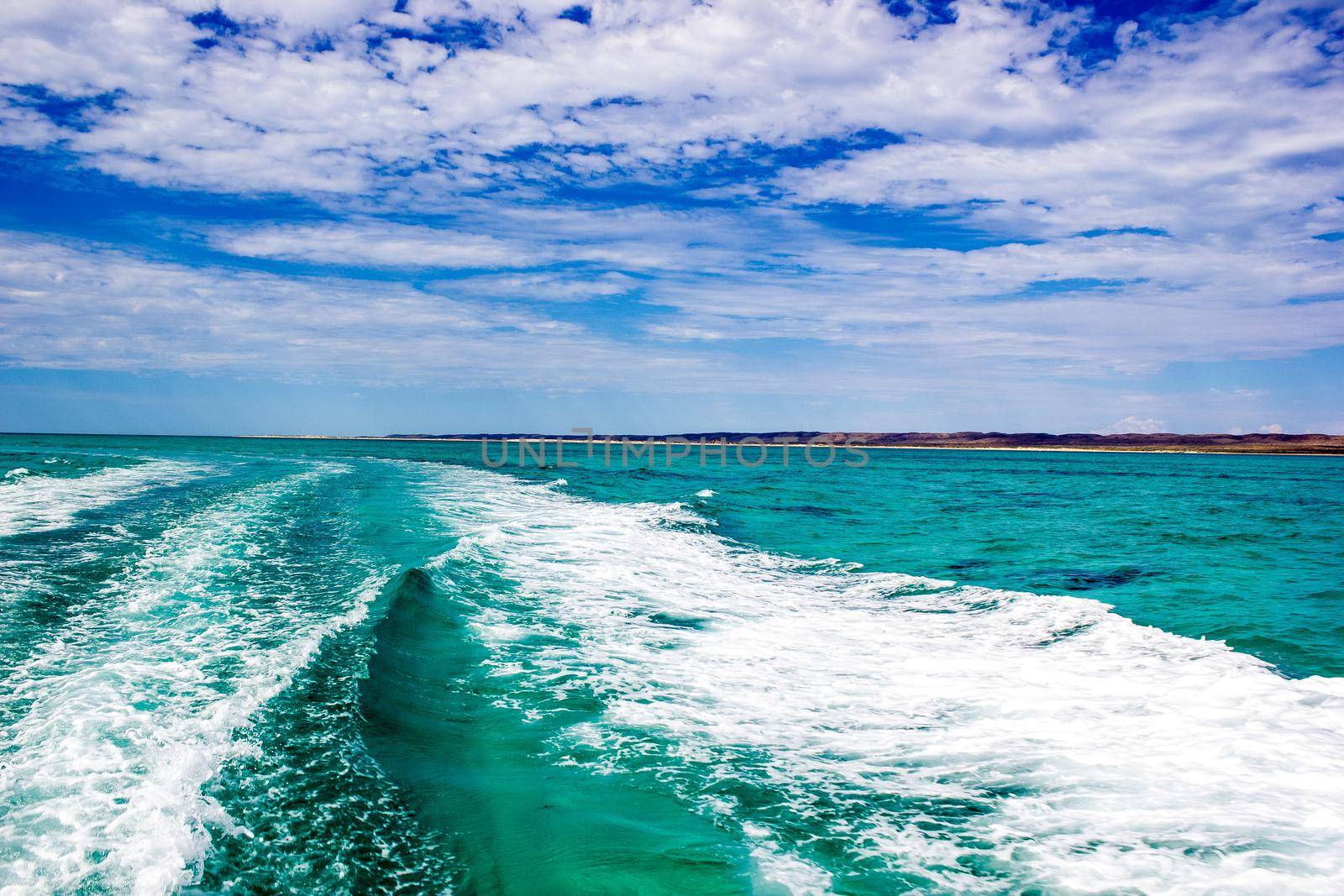 Trail on water surface behind of fast moving motor boat, Western Australia by bettercallcurry
