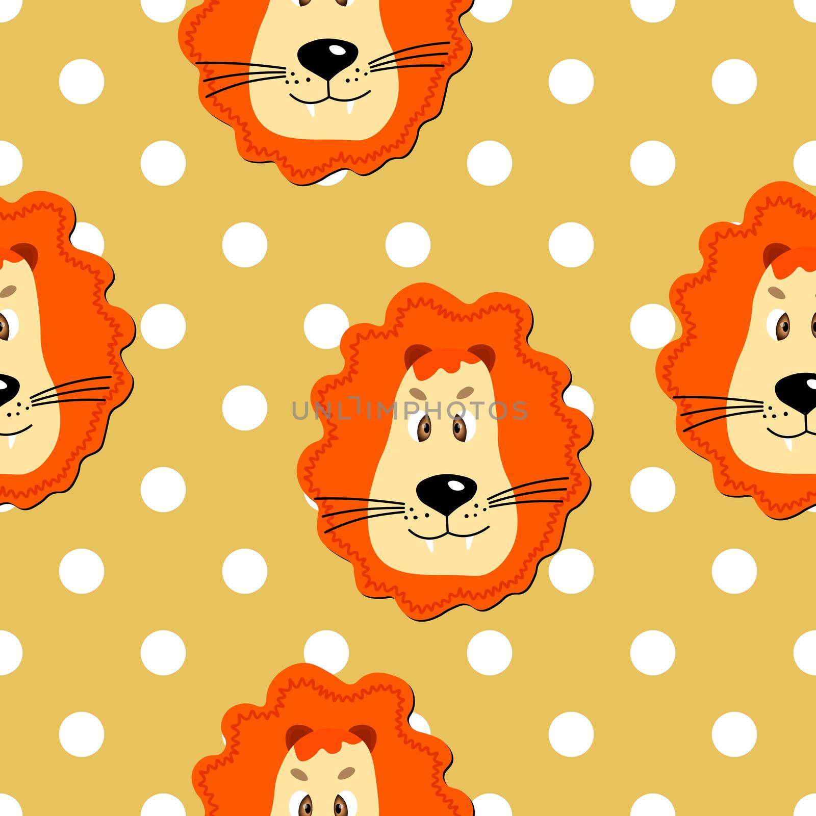 Vector flat animals colorful illustration for kids. Seamless pattern with cute lion face on yellow polka dots background. Adorable cartoon character.Design for textures, card, poster, fabric, textile. by allaku