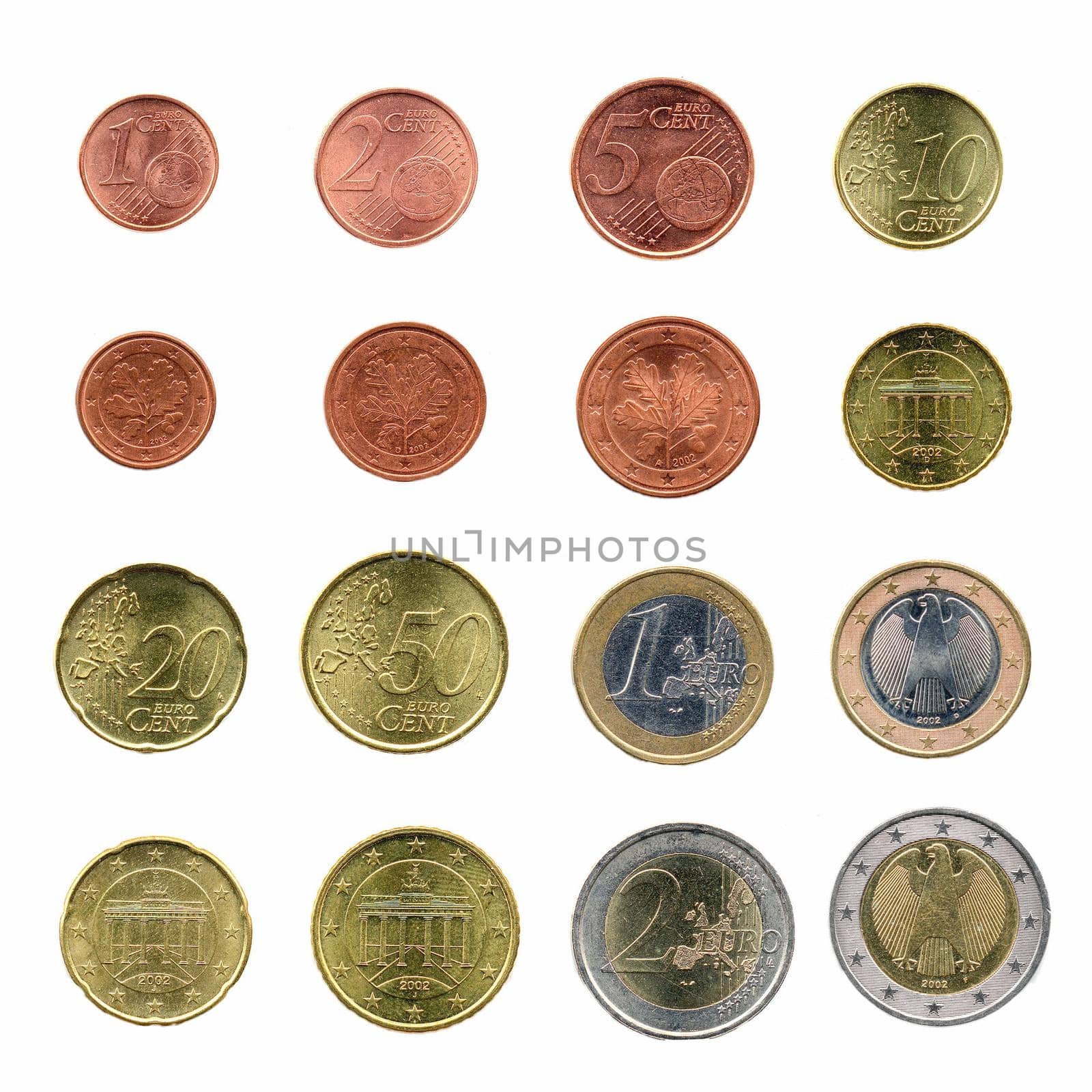 Euro coins money (EUR), currency of European Union - Full German series, front and back side