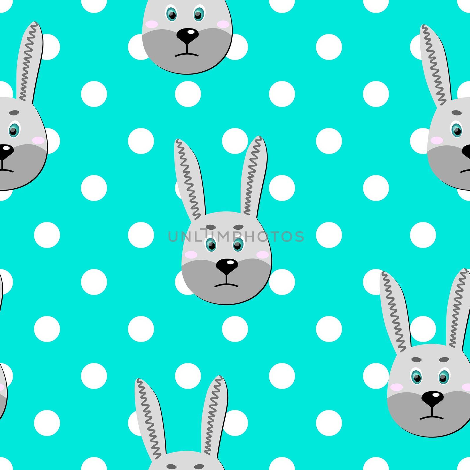 Vector flat animals colorful illustration for kids. Seamless pattern with cute hare face on blue polka dots background. Adorable cartoon character. Design for card, poster, fabric, textile. Rabbit. by allaku