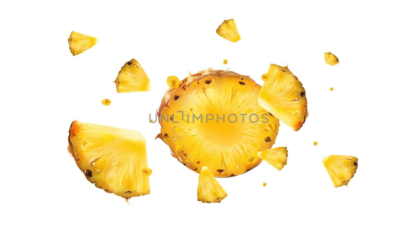 Pineapple slices with juice droplets scatter in different directions. Realistic style illustration.