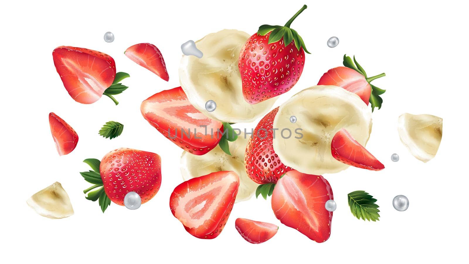 Slices of banana and strawberry scatter in space with water droplets. Realistic style illustration.