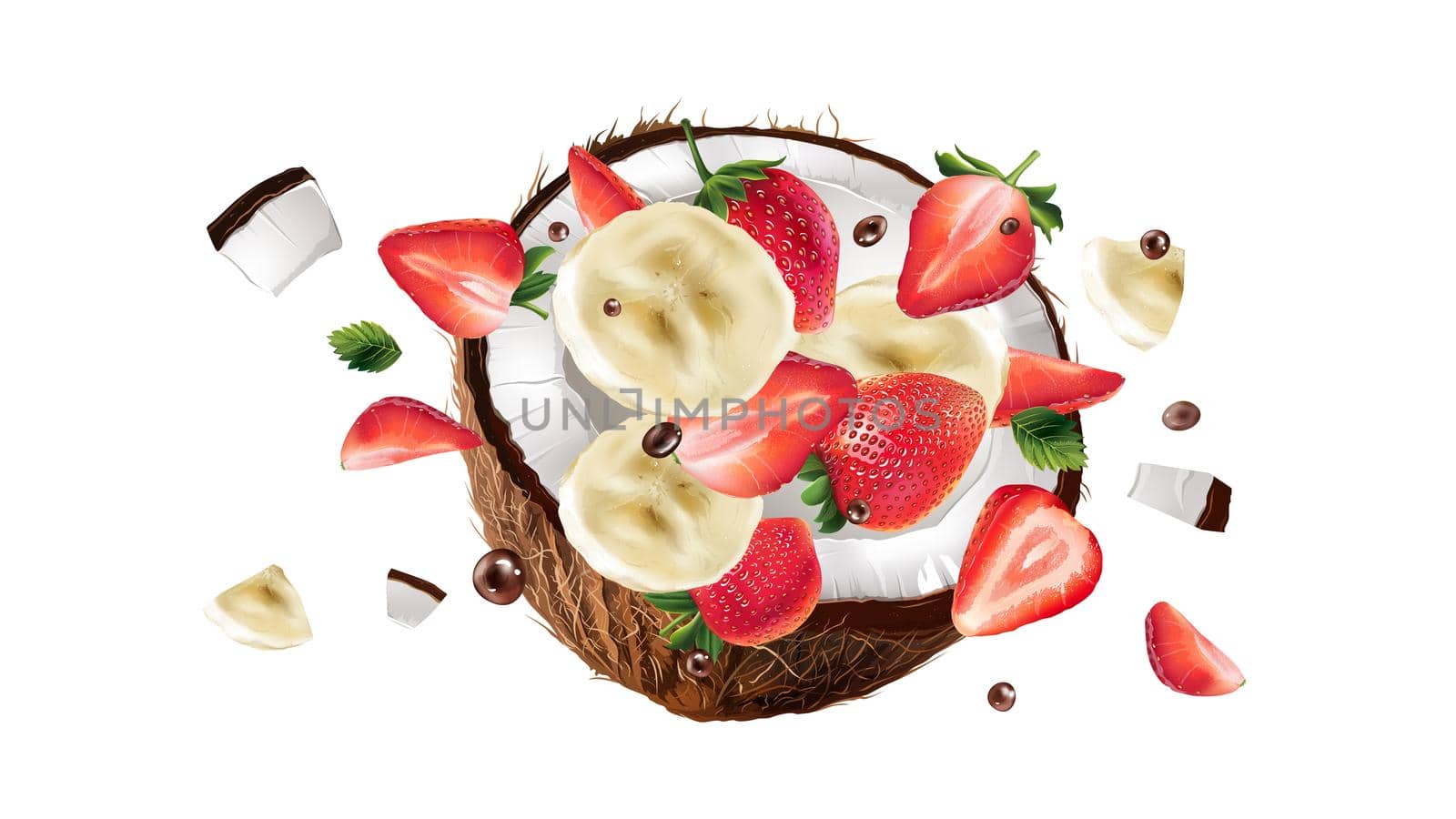 Pieces of coconut, banana and strawberry with chocolate droplets are scattering. Realistic style illustration.