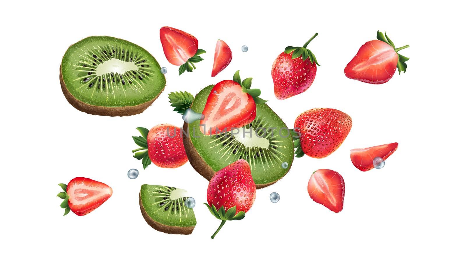 Kiwi and strawberries are flying on a white background. by ConceptCafe