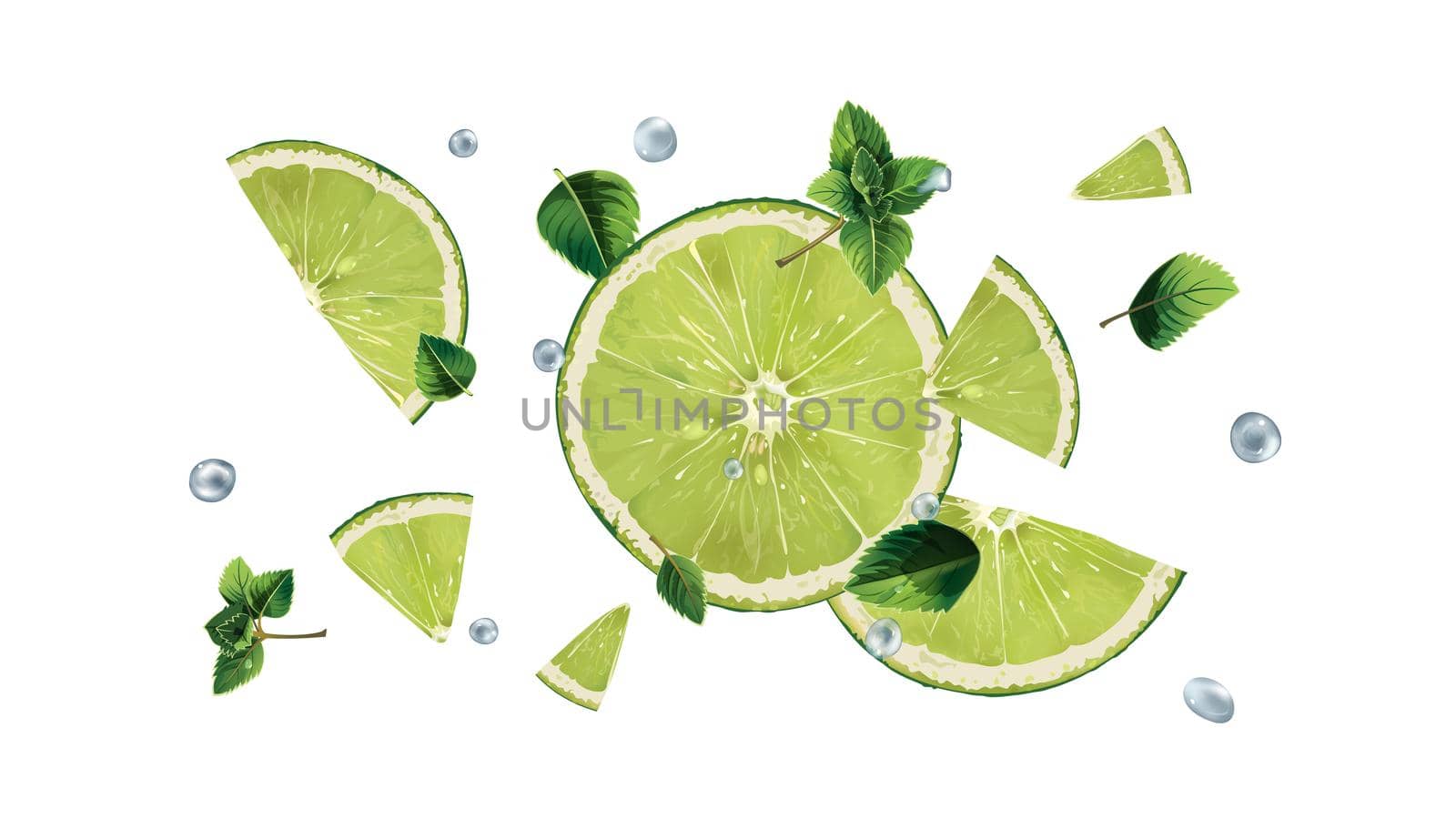 Lime slices, mint leaves and water droplets in flight. by ConceptCafe