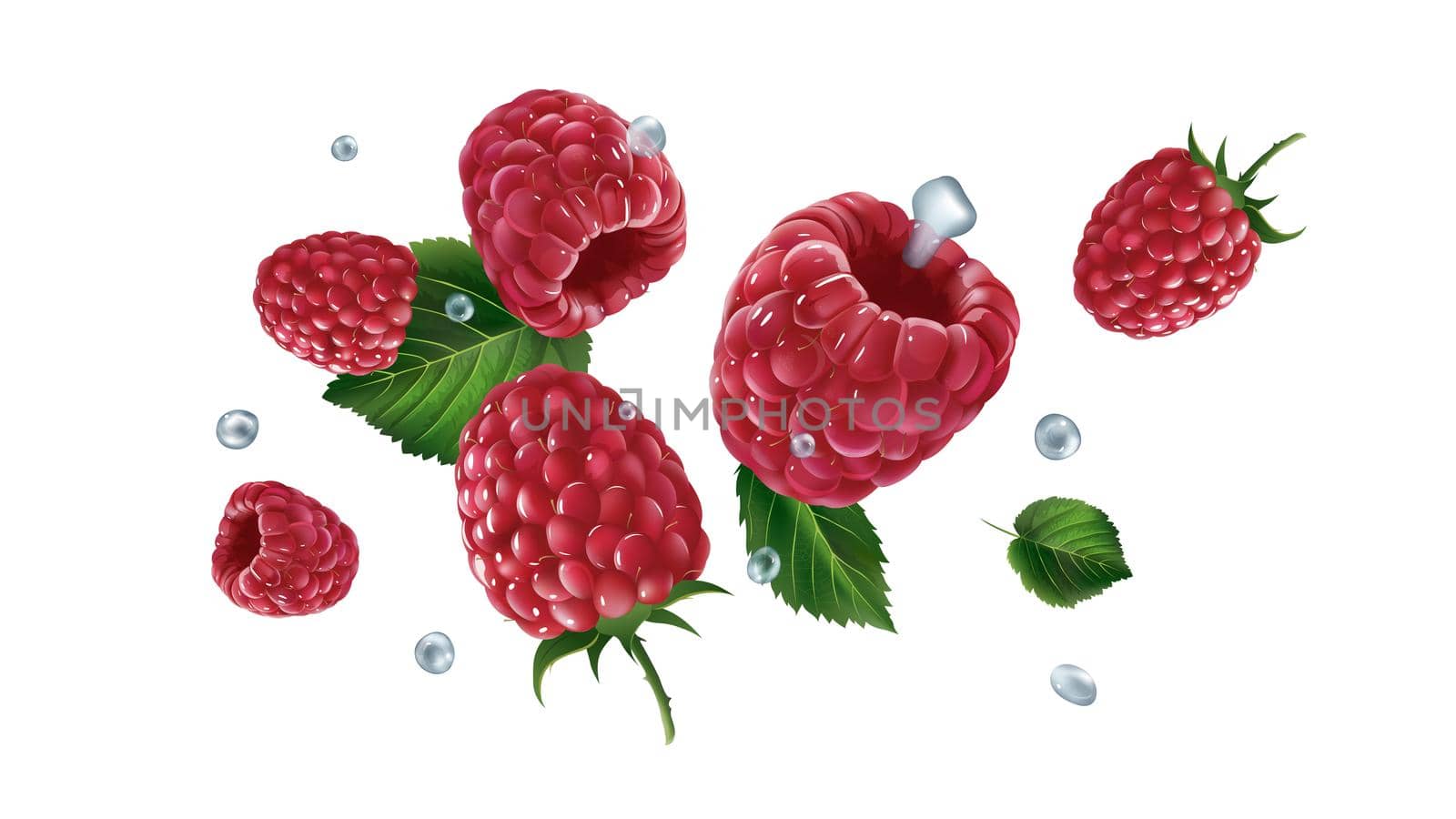 Raspberries and water drops flying on a white background. by ConceptCafe